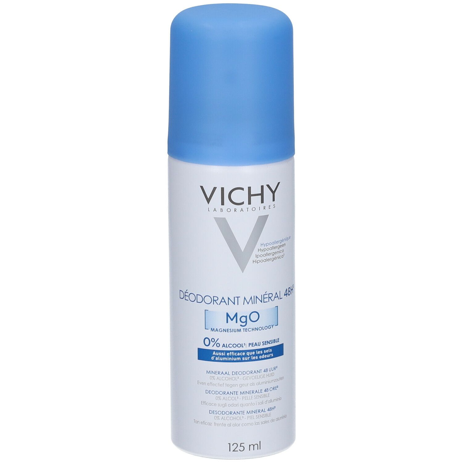 Deodorante aerosol con tappo blu. Marchio: VICHY. Scritta: DÉODORANT MINÉRAL 48H, MgO, 0% alcool. Volume: 125 ml.