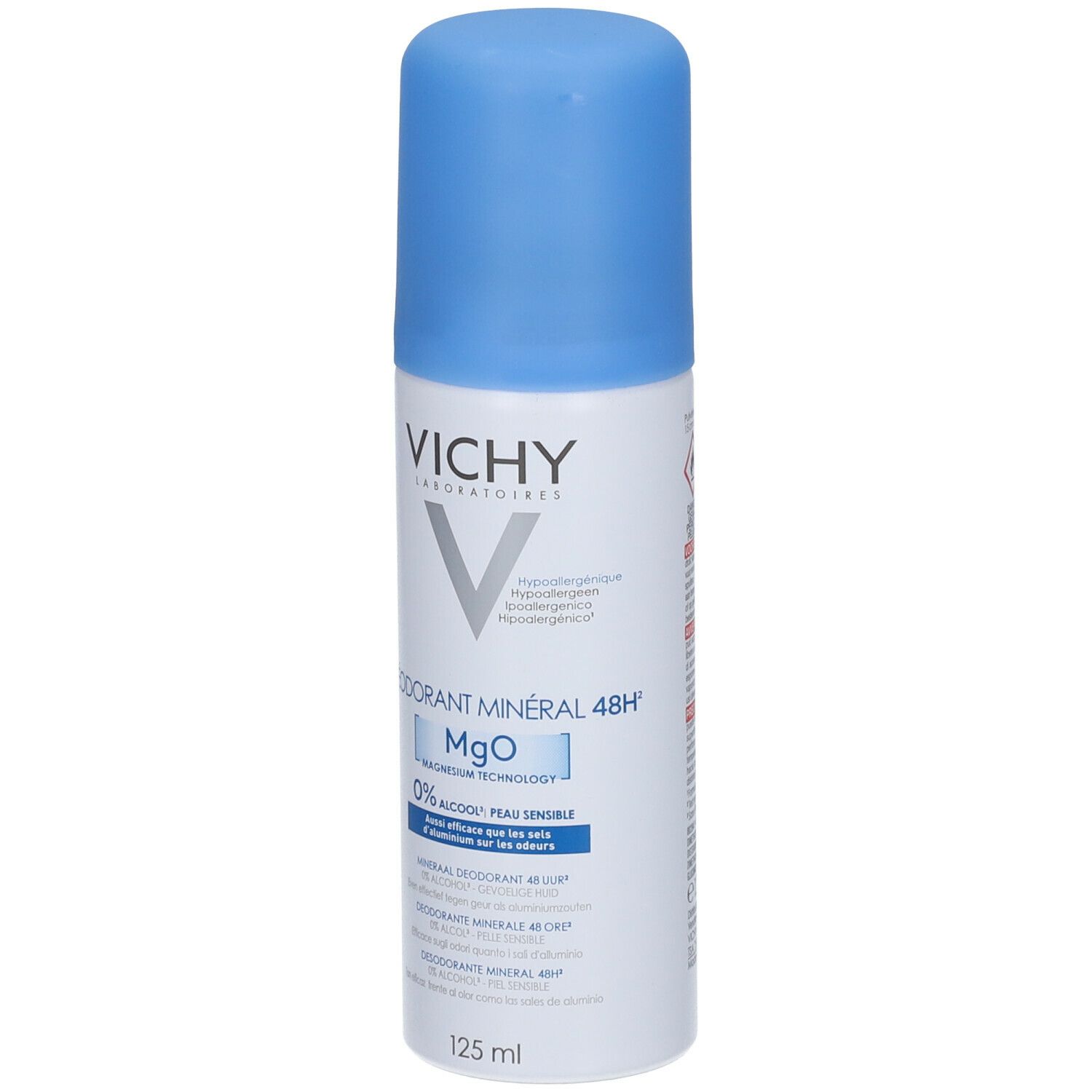 Deodorante aerosol con tappo blu. Marchio: VICHY. Scritta: DÉODORANT MINÉRAL 48H, MgO, 0% alcool. Volume: 125 ml.
