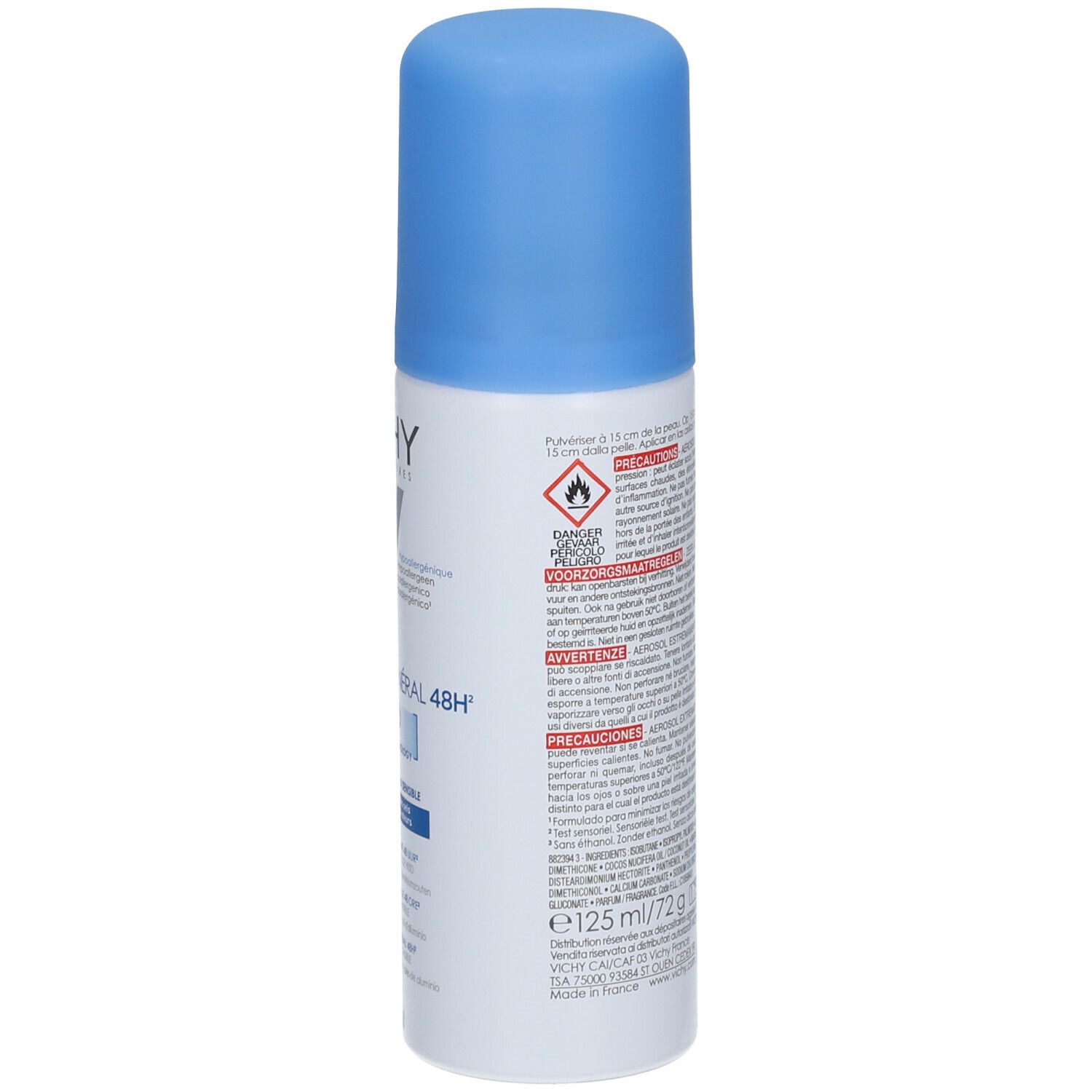 Deodorante aerosol, retro. Testo e avvertenze. Volume: 125 ml / 72 g. Codice a barre.
