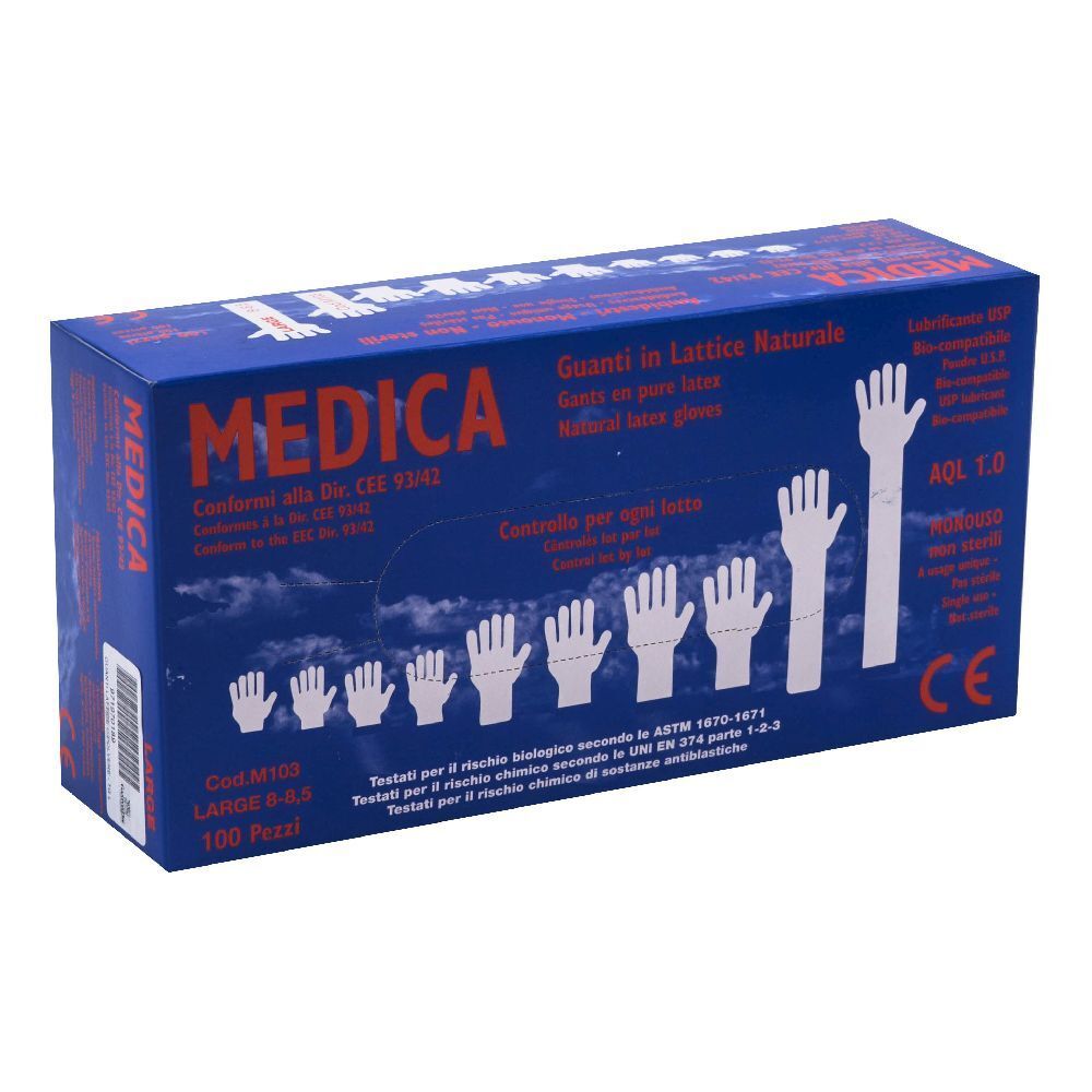 Scatola blu di guanti medici. Scritta: Medica, Guanti in lattice naturale. Taglia L, 100 pezzi.