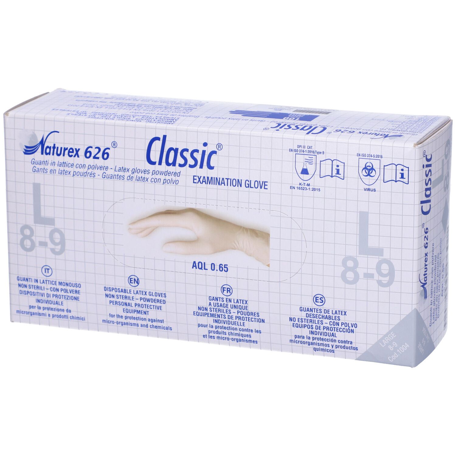 Scatola bianca di guanti. Scritta: Naturex 626 Classic, Examination Glove. Taglia L 8-9. AQL 0.65.