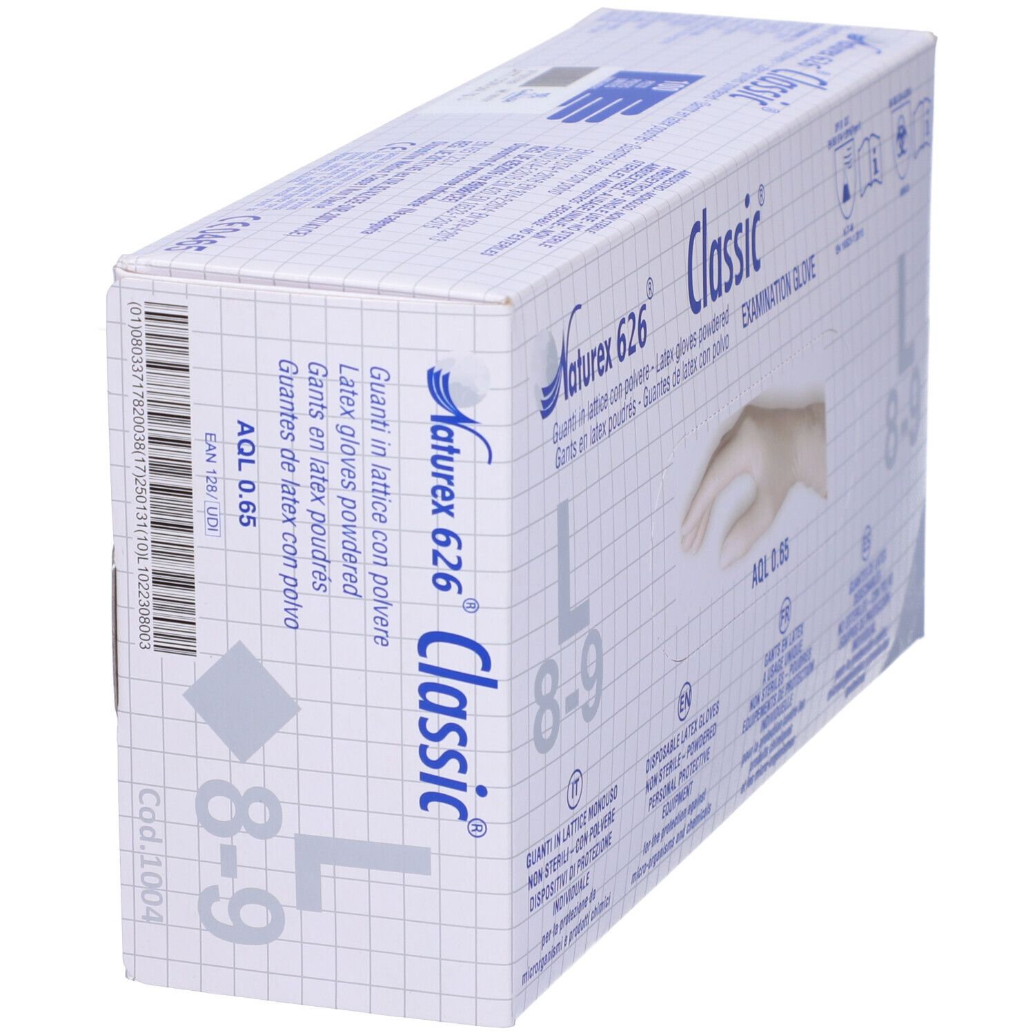 Scatola bianca di guanti. Scritta: Naturex 626 Classic, Examination Glove. Taglia L 8-9. AQL 0.65.
