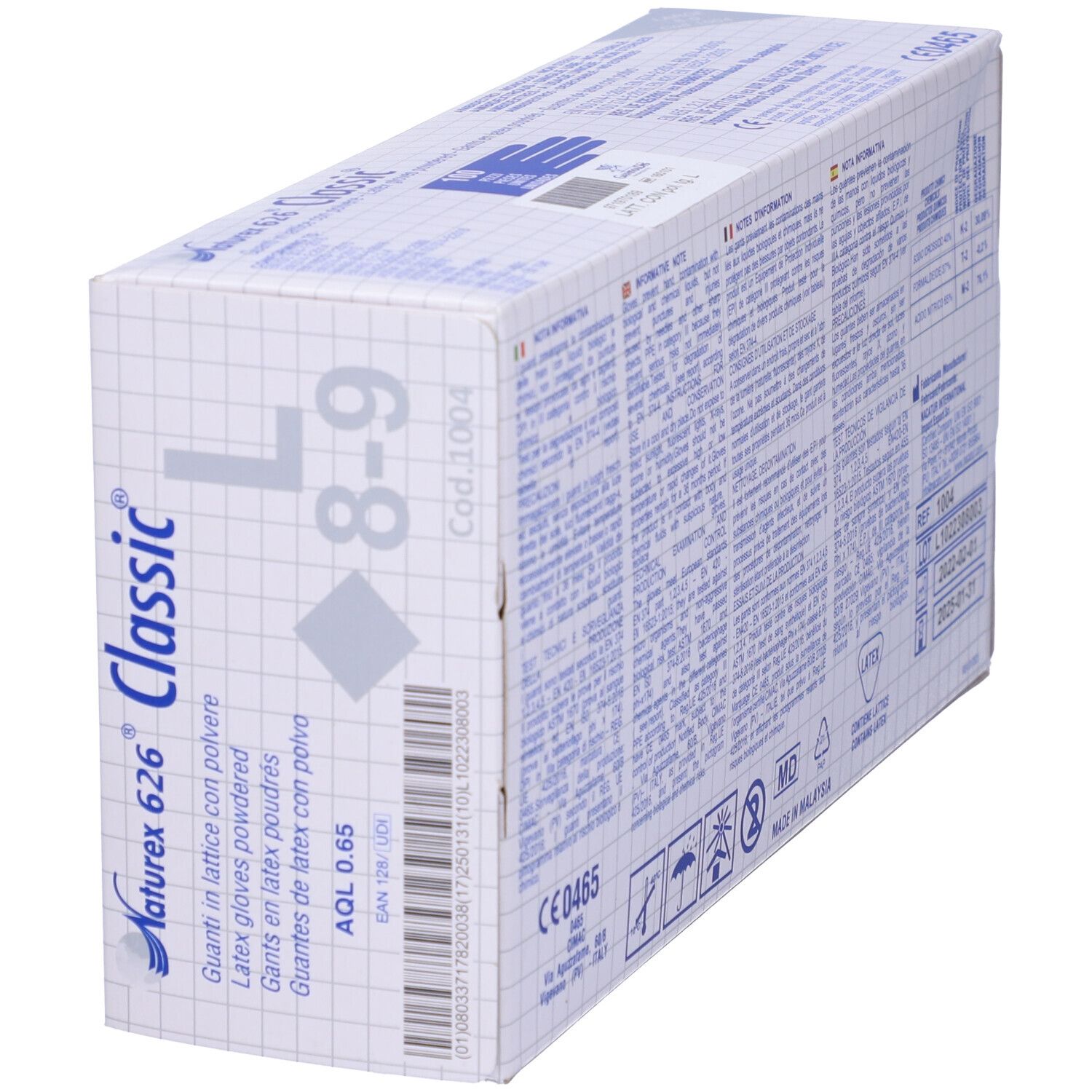 Scatola bianca di guanti. Scritta: Naturex 626 Classic, Examination Glove. Taglia L 8-9. AQL 0.65.