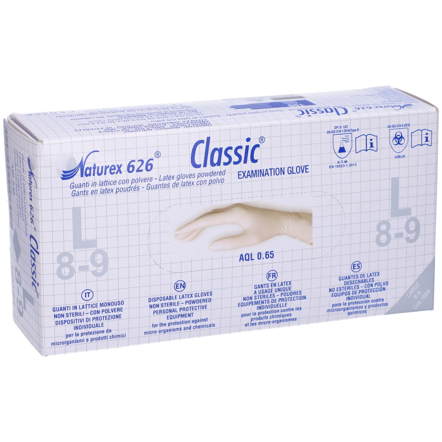 Scatola bianca di guanti. Scritta: Naturex 626 Classic, Examination Glove. Taglia L 8-9. AQL 0.65.