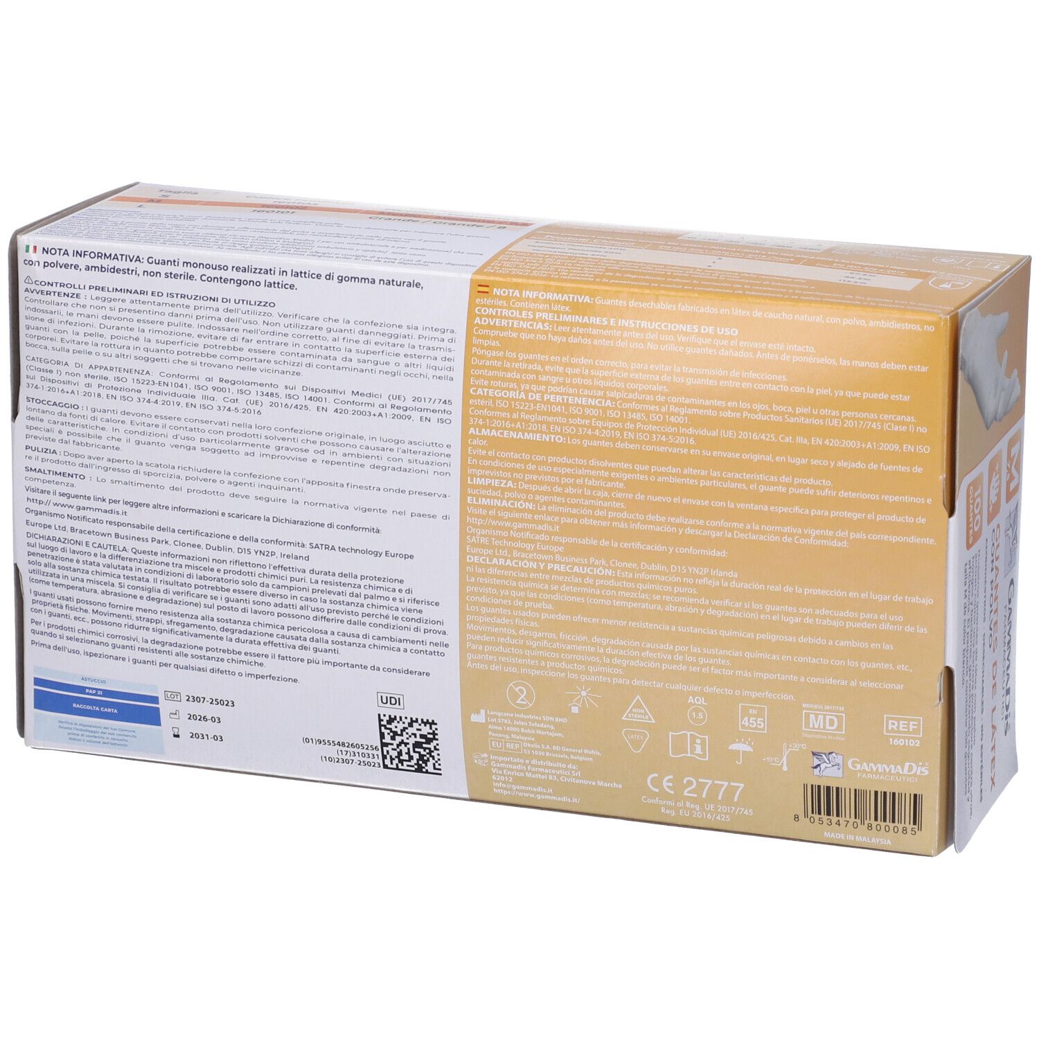 Rückseite einer Packung Untersuchungshandschuhe mit Produktinformationen und Symbolen.