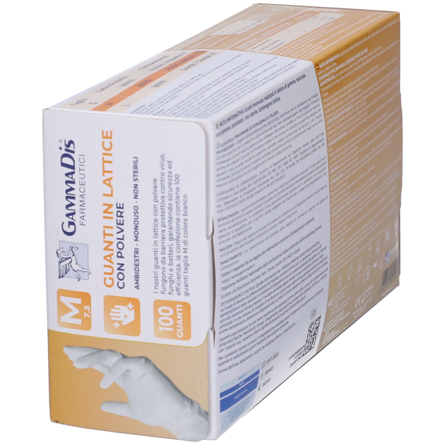 Seite einer Packung Naturex 626 Classic Untersuchungshandschuhe, Größe M, 7, puderbeschichtet.