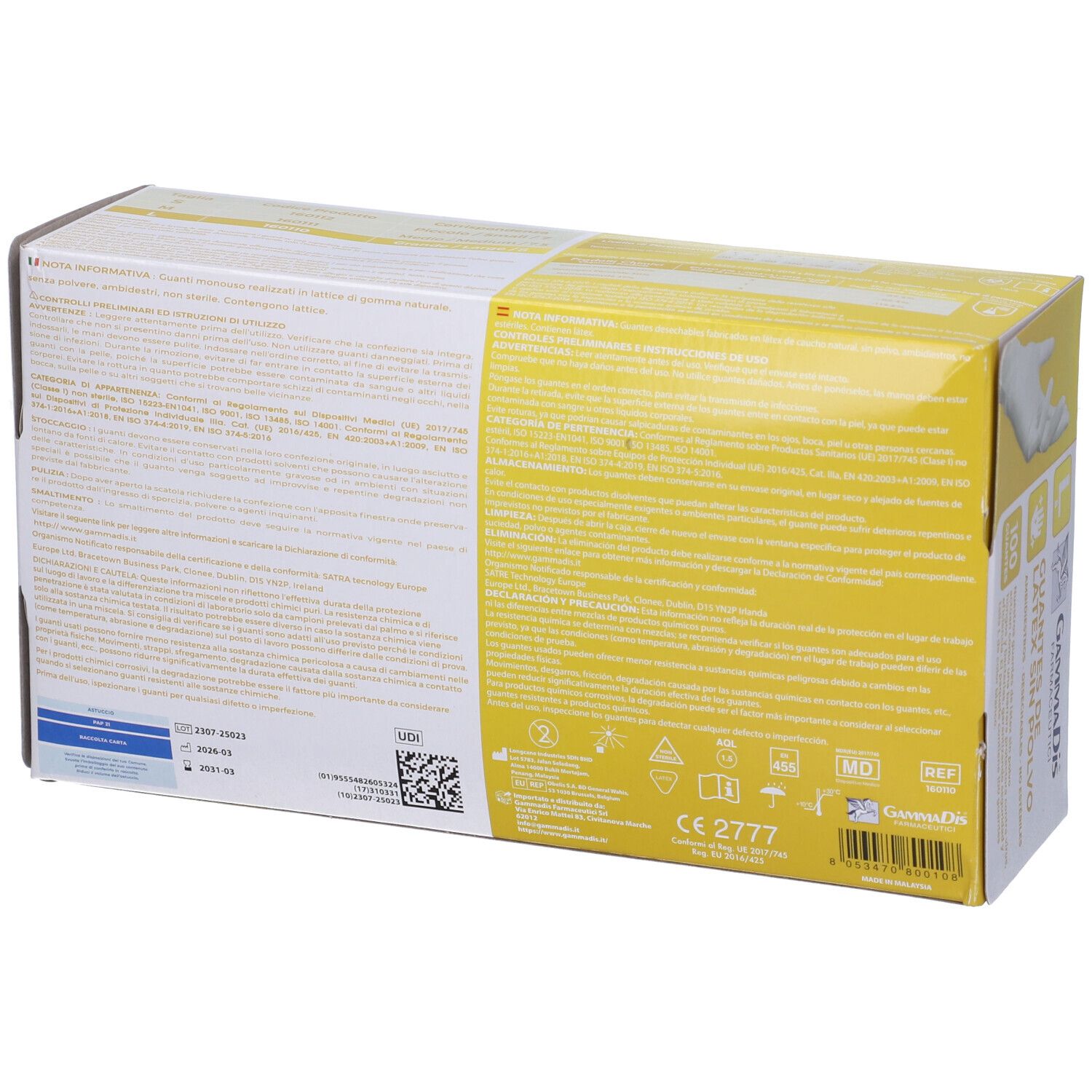 Rückseite der Packung Gammadis Latexhandschuhe mit Produktinformationen und Zertifizierungen.