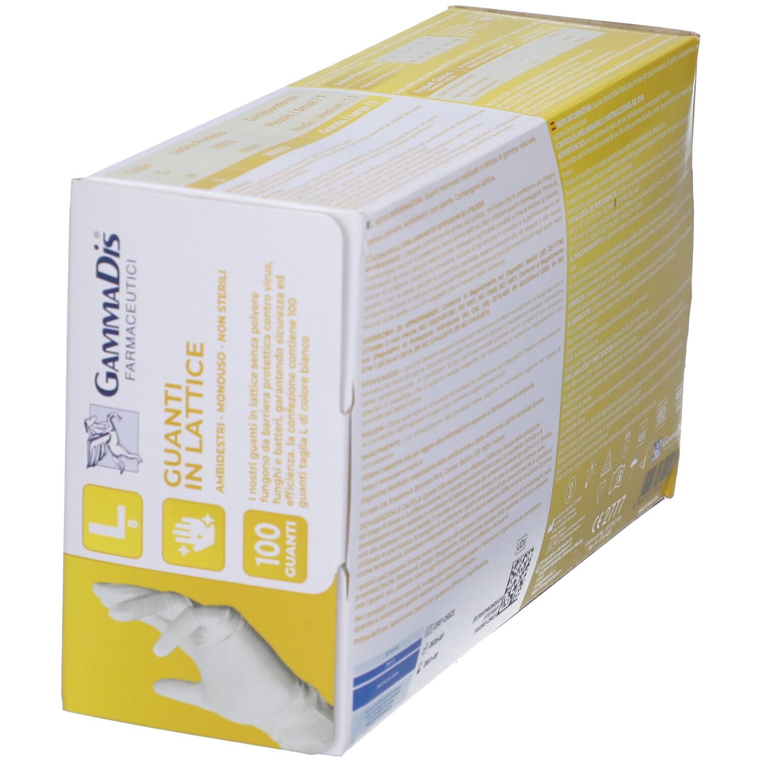 Packung Gammadis Latexhandschuhe, Größe L, puderfrei, 100 Stück, schräge Ansicht.