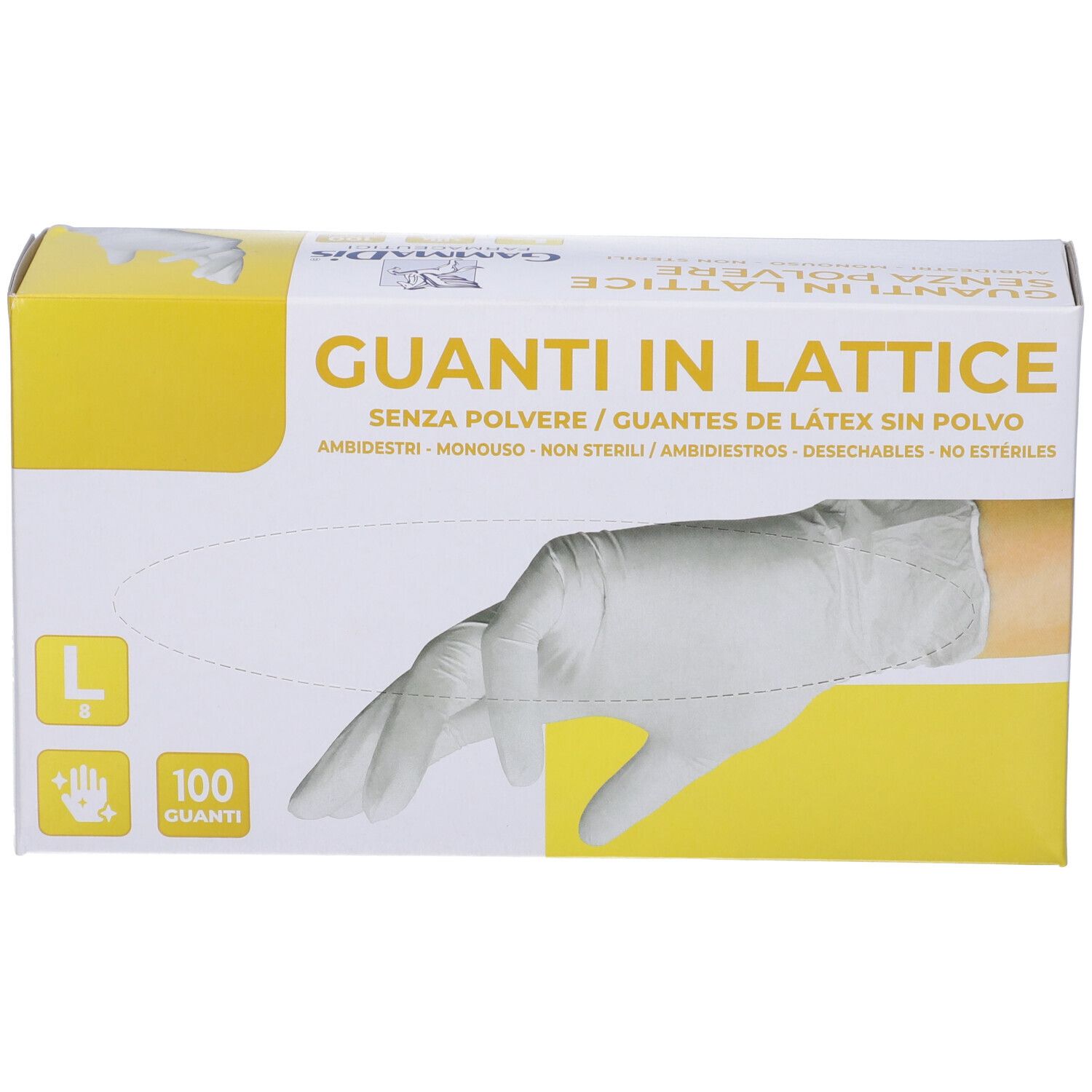 Packung Gammadis Latexhandschuhe, Größe L, puderfrei, 100 Stück.