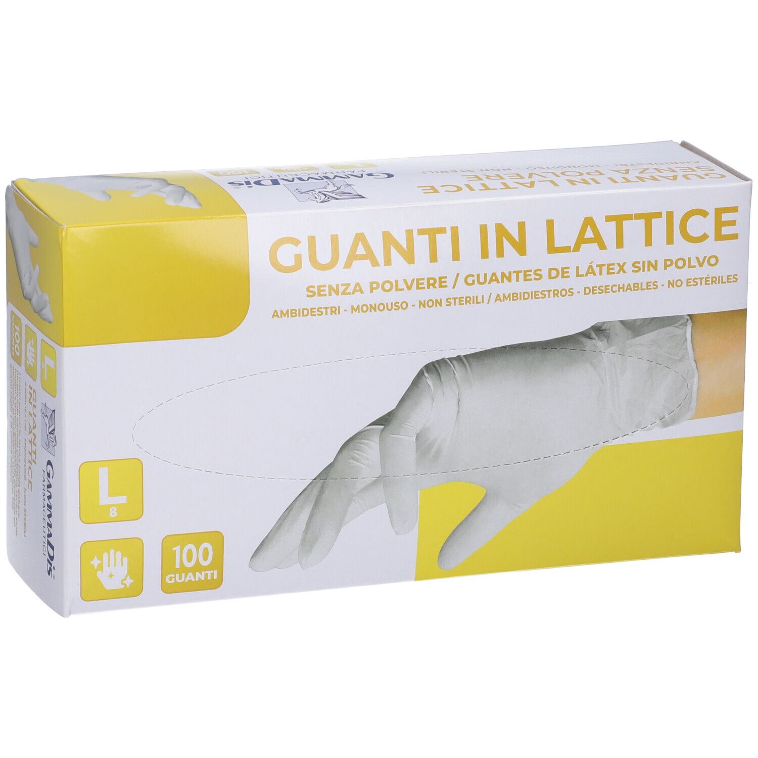 Packung Gammadis Latexhandschuhe, Größe L, puderfrei, 100 Stück.