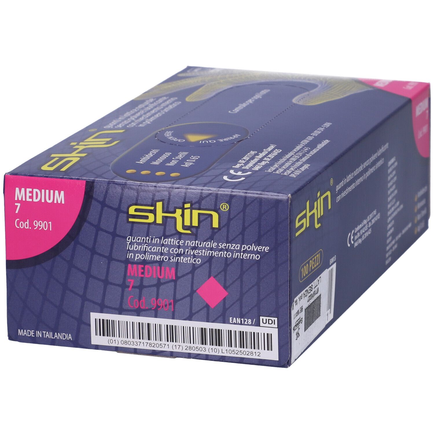Schachtel mit Handschuhen. Aufschrift: skin, Medium 7. Latex-Handschuhe, ohne Puder. Synthetische Innenbeschichtung. 100 Stück.