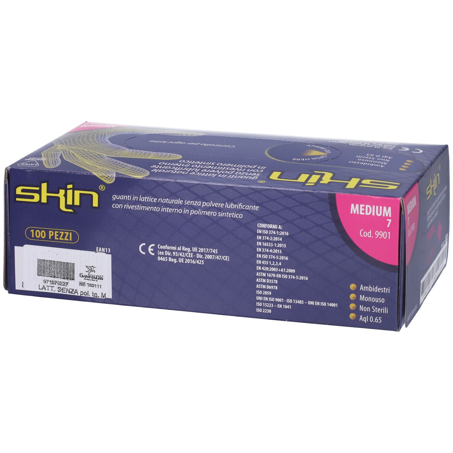 Schachtel mit Handschuhen. Aufschrift: skin, Medium 7. Latex-Handschuhe, ohne Puder. Synthetische Innenbeschichtung. 100 Stück.