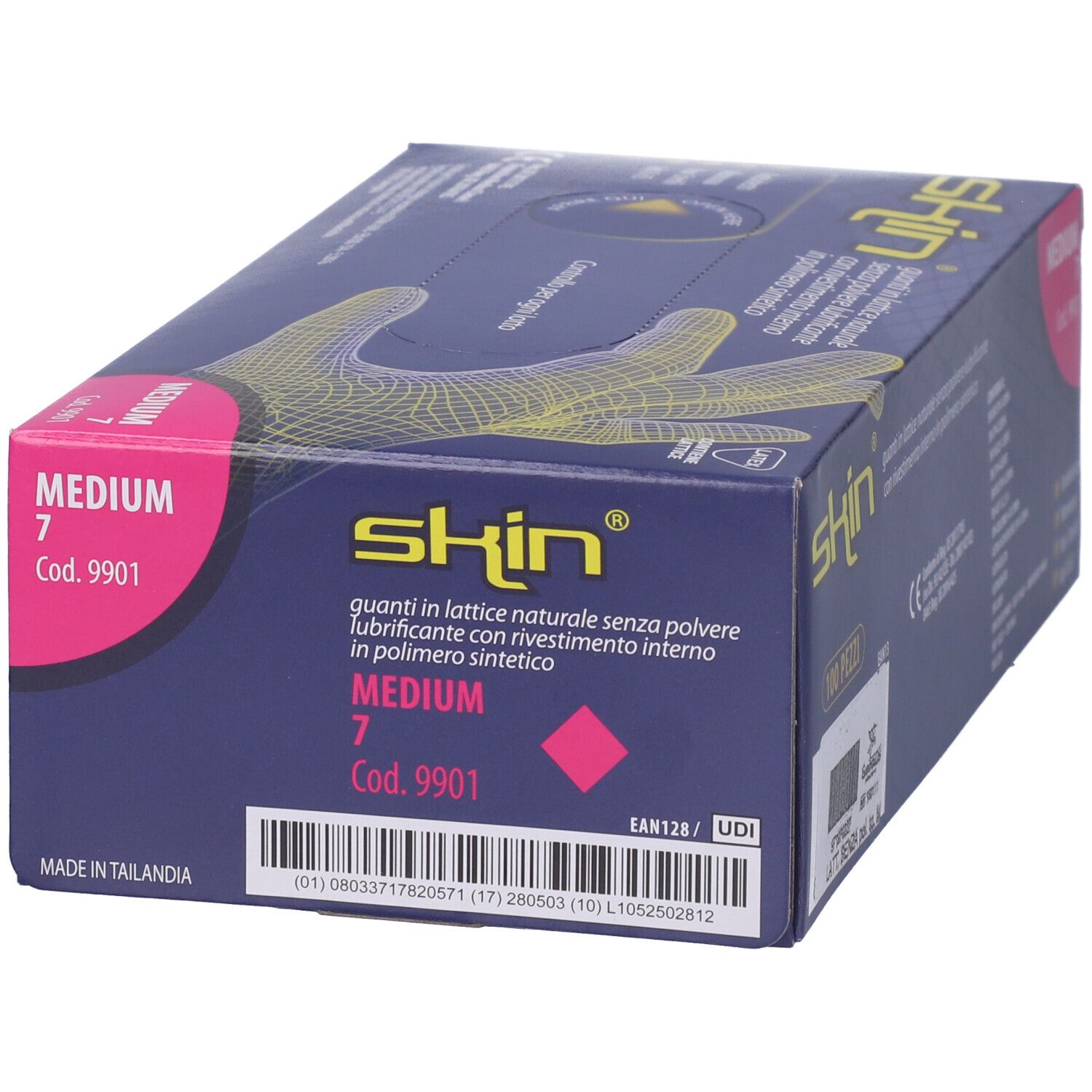 Schachtel mit Handschuhen. Aufschrift: skin, Medium 7. Latex-Handschuhe, ohne Puder. Synthetische Innenbeschichtung.