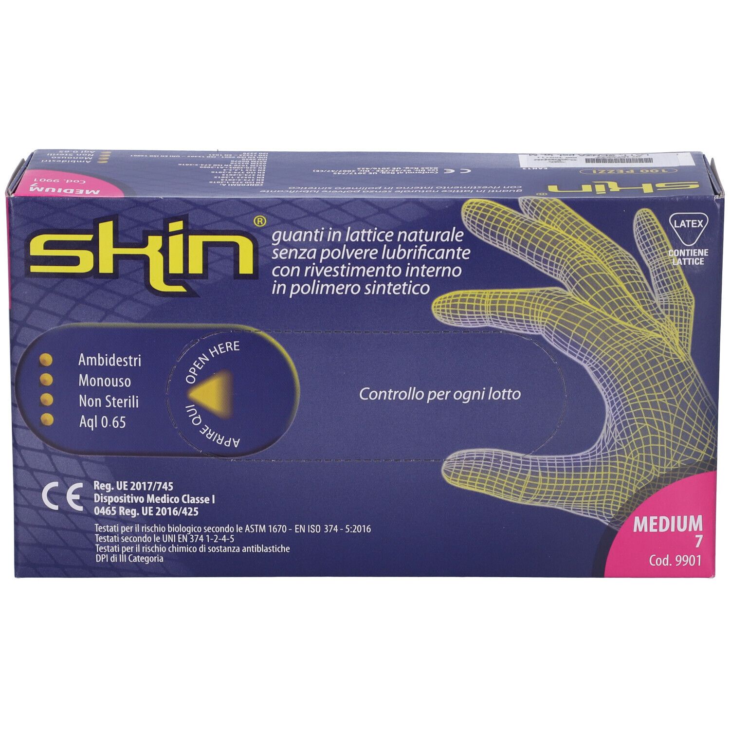 Schachtel mit Handschuhen. Aufschrift: skin, Medium 7. Latex-Handschuhe, ohne Puder. Synthetische Innenbeschichtung. Ambide.