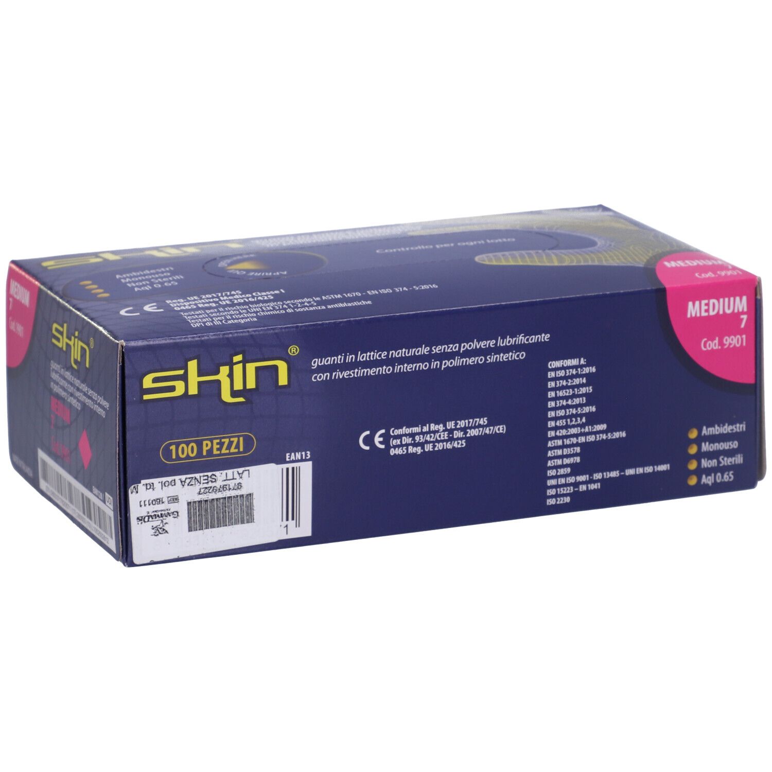 Schachtel mit Handschuhen. Aufschrift: skin, 100 pezzi, Medium 7. Latex-Handschuhe, ohne Puder. Synthetische Innenbeschichtung.
