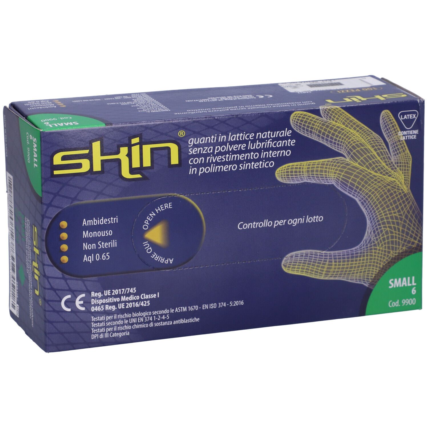 Verpackung mit weißen Latex-Handschuhen, Größe S, puderfrei. Aufschrift: GammaDis, Guanti in Lattice, 100 Stück.