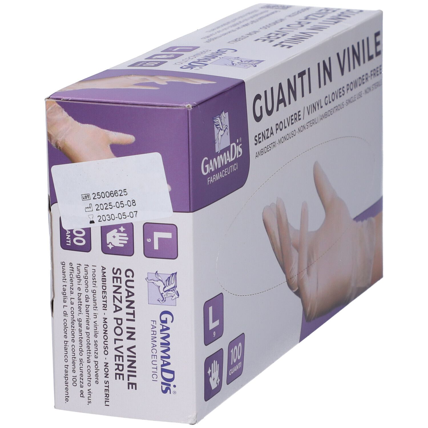 Box mit Vinylhandschuhen, puderfrei, Größe L. Aufschrift: Guanti in Vinile, 100 Stück. Marke Gammadis Farmaceutici. Seitenansicht.