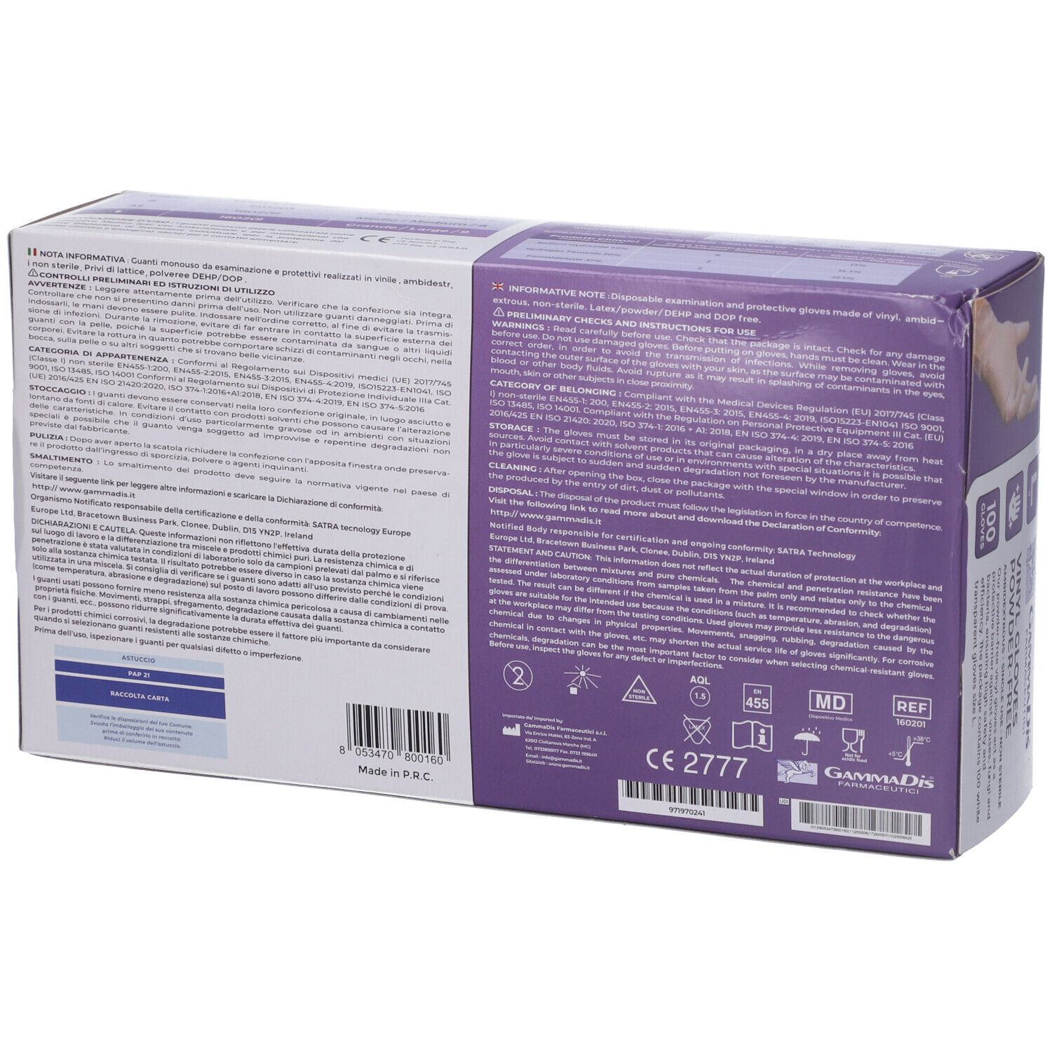 Rückseite der Box mit Vinylhandschuhen. Text in italienischer und englischer Sprache. CE-Kennzeichnung, MD-Symbol, REF-Symbol.