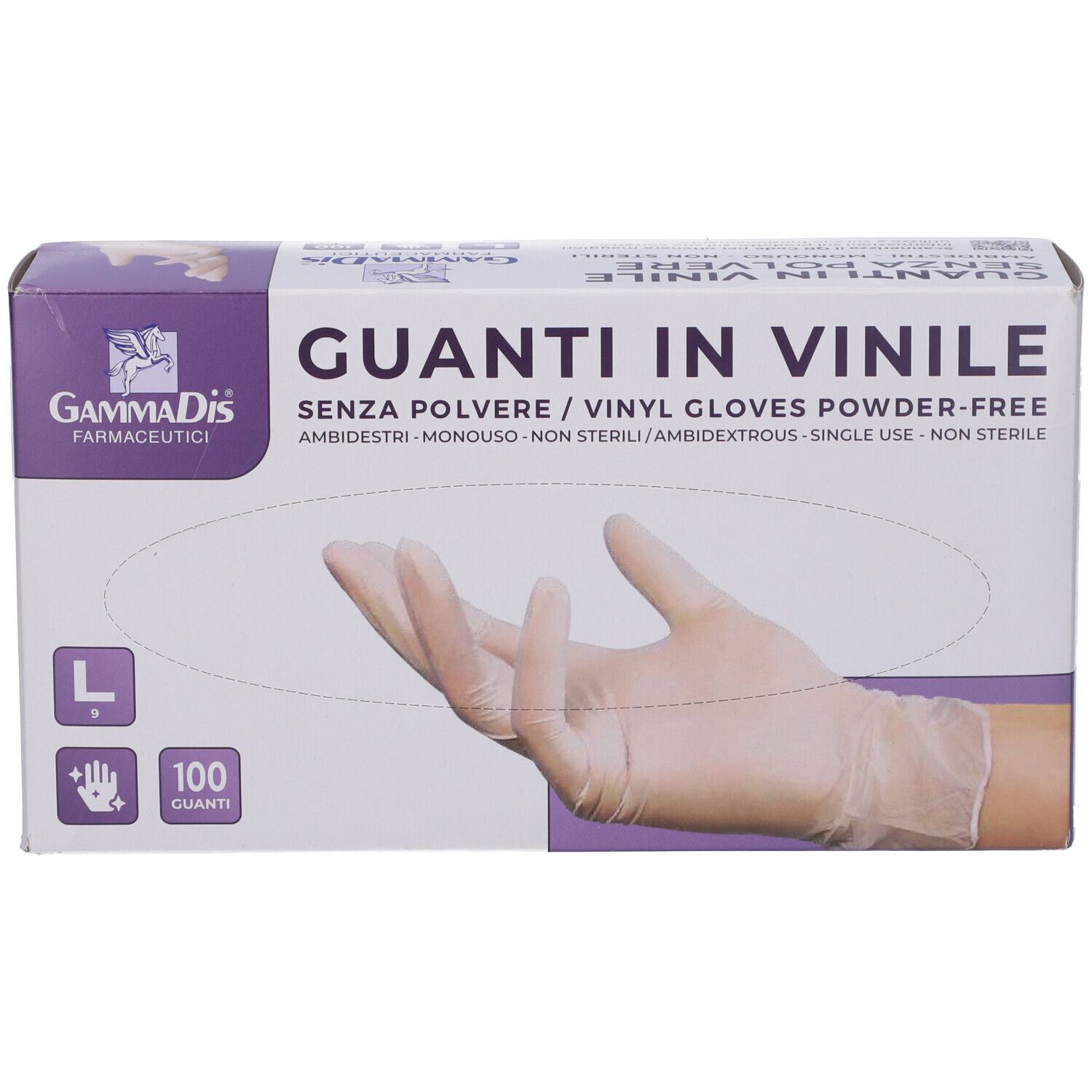 Box mit Vinylhandschuhen, puderfrei, Größe L. Aufschrift: Guanti in Vinile, 100 Stück. Marke Gammadis Farmaceutici.