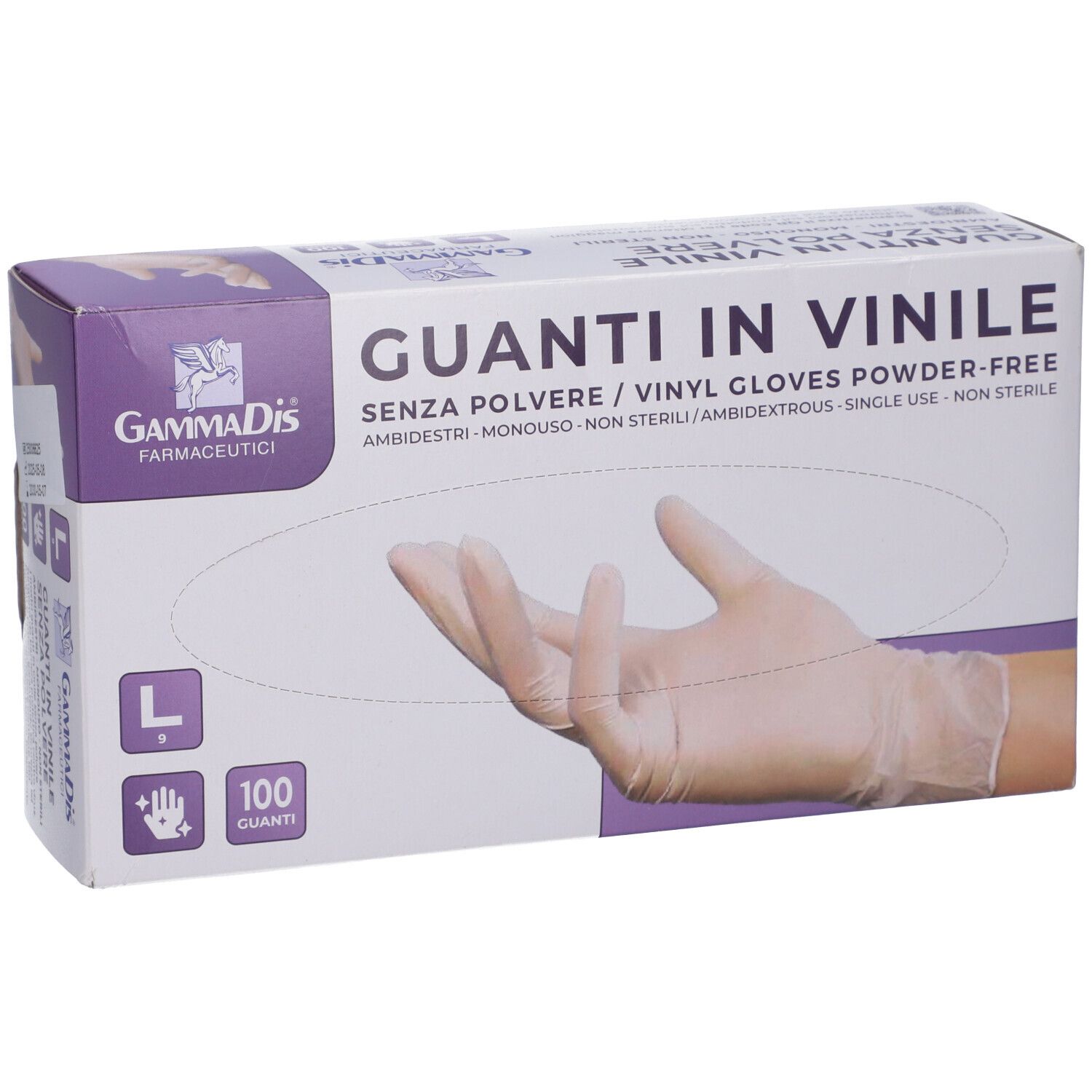 Box mit Vinylhandschuhen, puderfrei, Größe L. Aufschrift: Guanti in Vinile, 100 Stück. Marke Gammadis Farmaceutici.