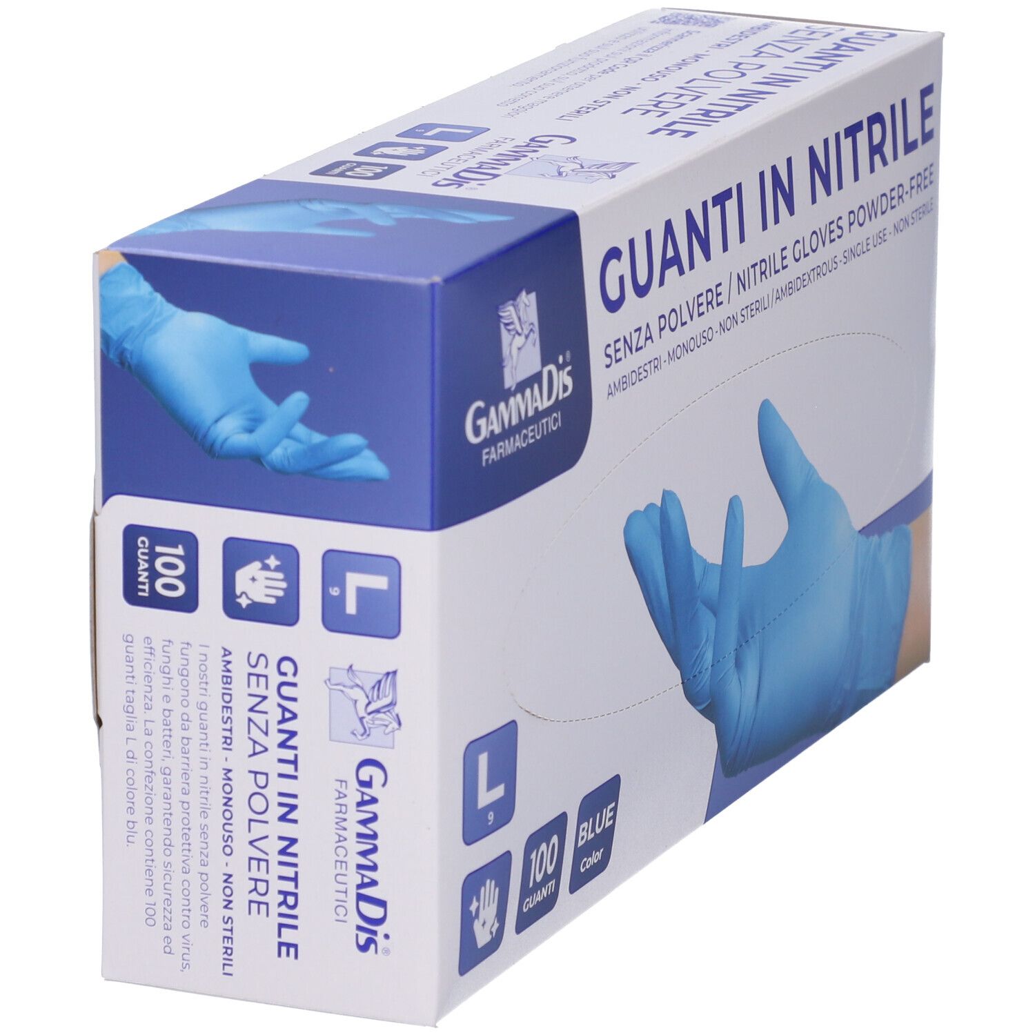 Schrägansicht der Verpackung. Blaue Nitrilhandschuhe, Größe L, 100 Stück. Pulverfrei.