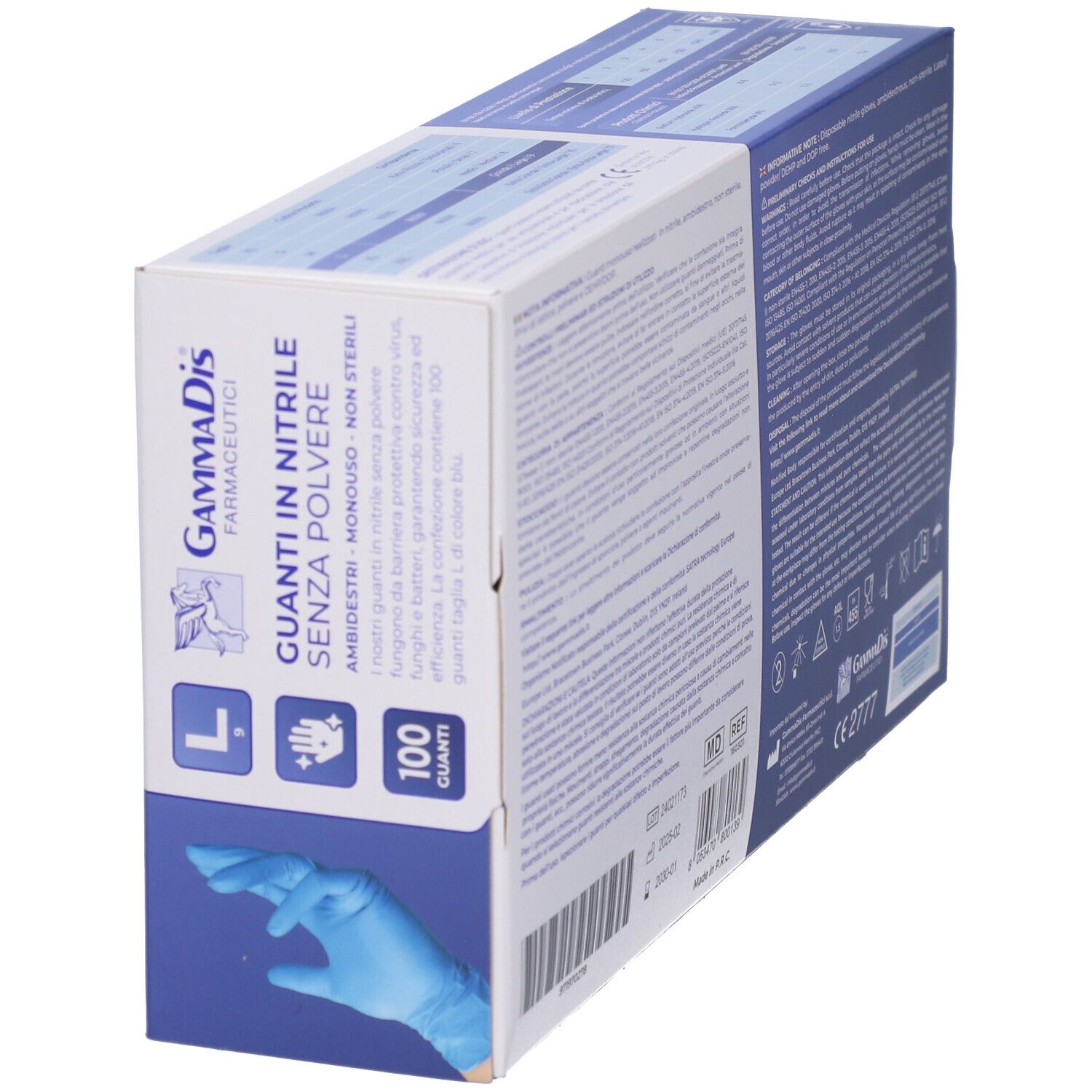 Schrägansicht der Verpackung. Blaue Nitrilhandschuhe, Größe L, 100 Stück. Pulverfrei.