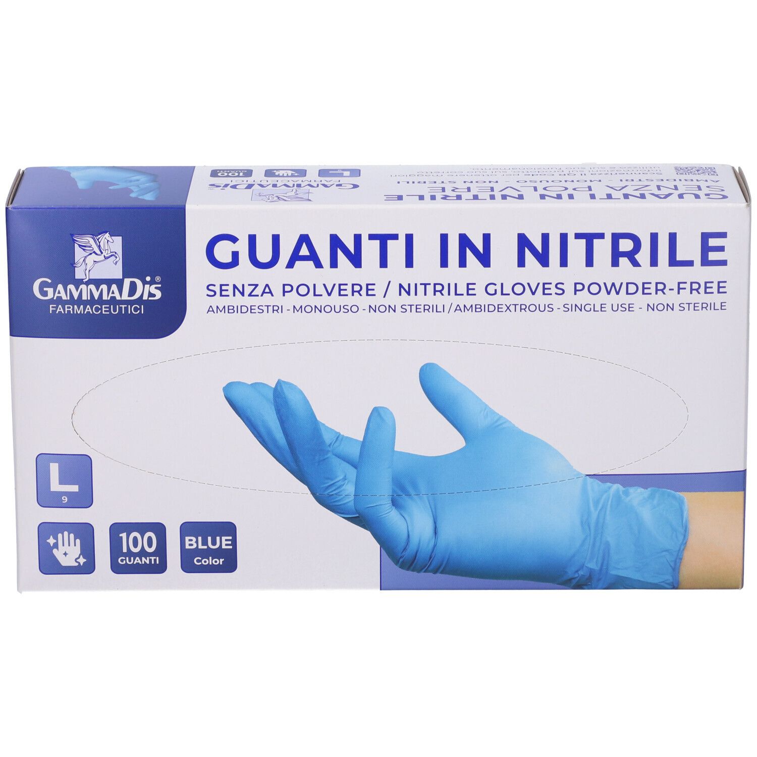Verpackung mit blauen Nitrilhandschuhen. Größe L, 100 Stück. Pulverfrei, beidhändig.