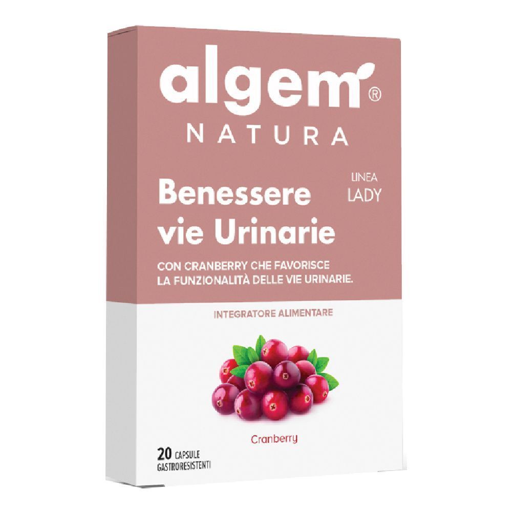 Scatola rosa e bianca con nome del prodotto e illustrazione di mirtilli rossi. Contiene 20 capsule. Marca: Algem Natura.