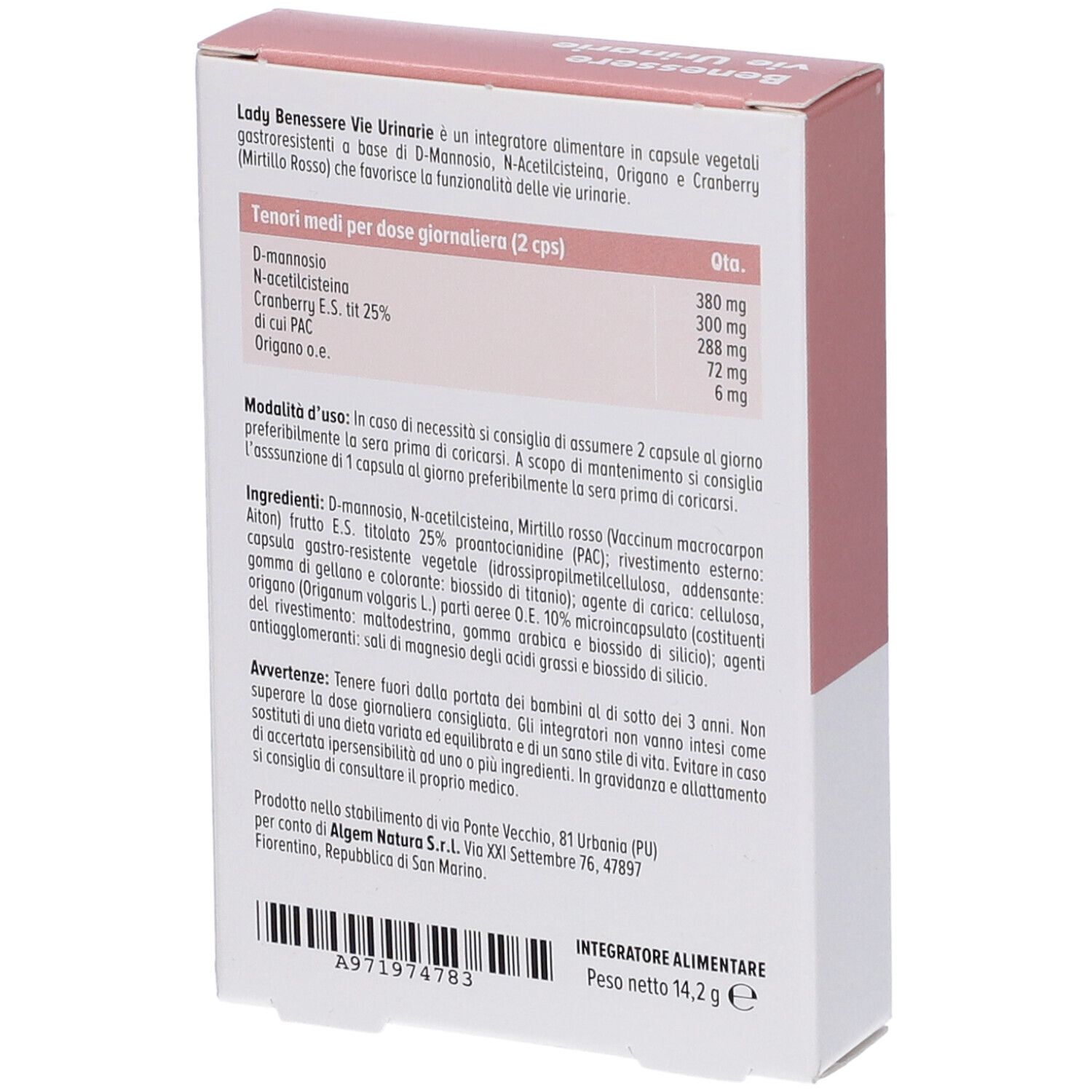 Retro della scatola con informazioni sul prodotto, ingredienti e dosaggio. Marca: Algem Natura. Peso: 14,2 g.