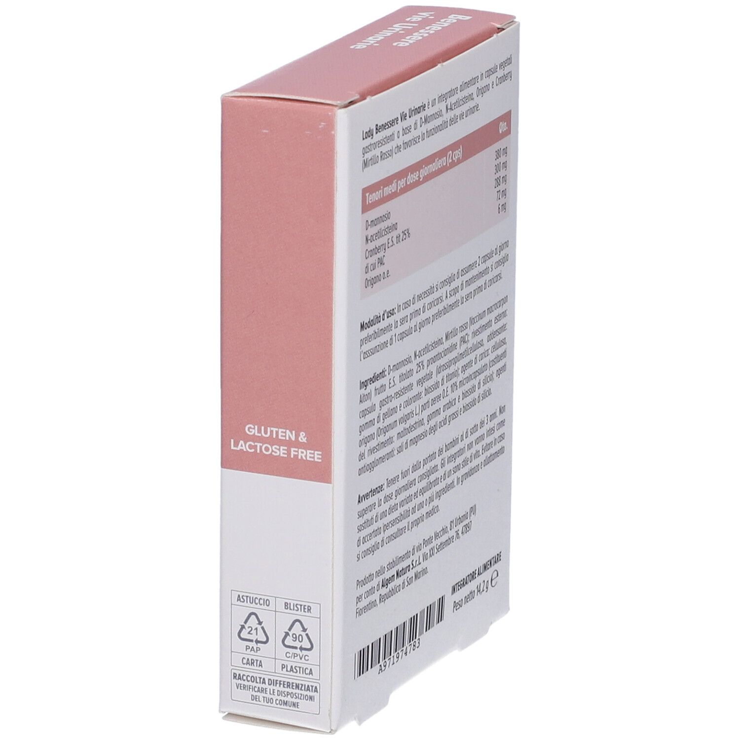 Scatola con informazioni sul prodotto, ingredienti e dosaggio. Senza glutine e lattosio. Marca: Algem Natura.