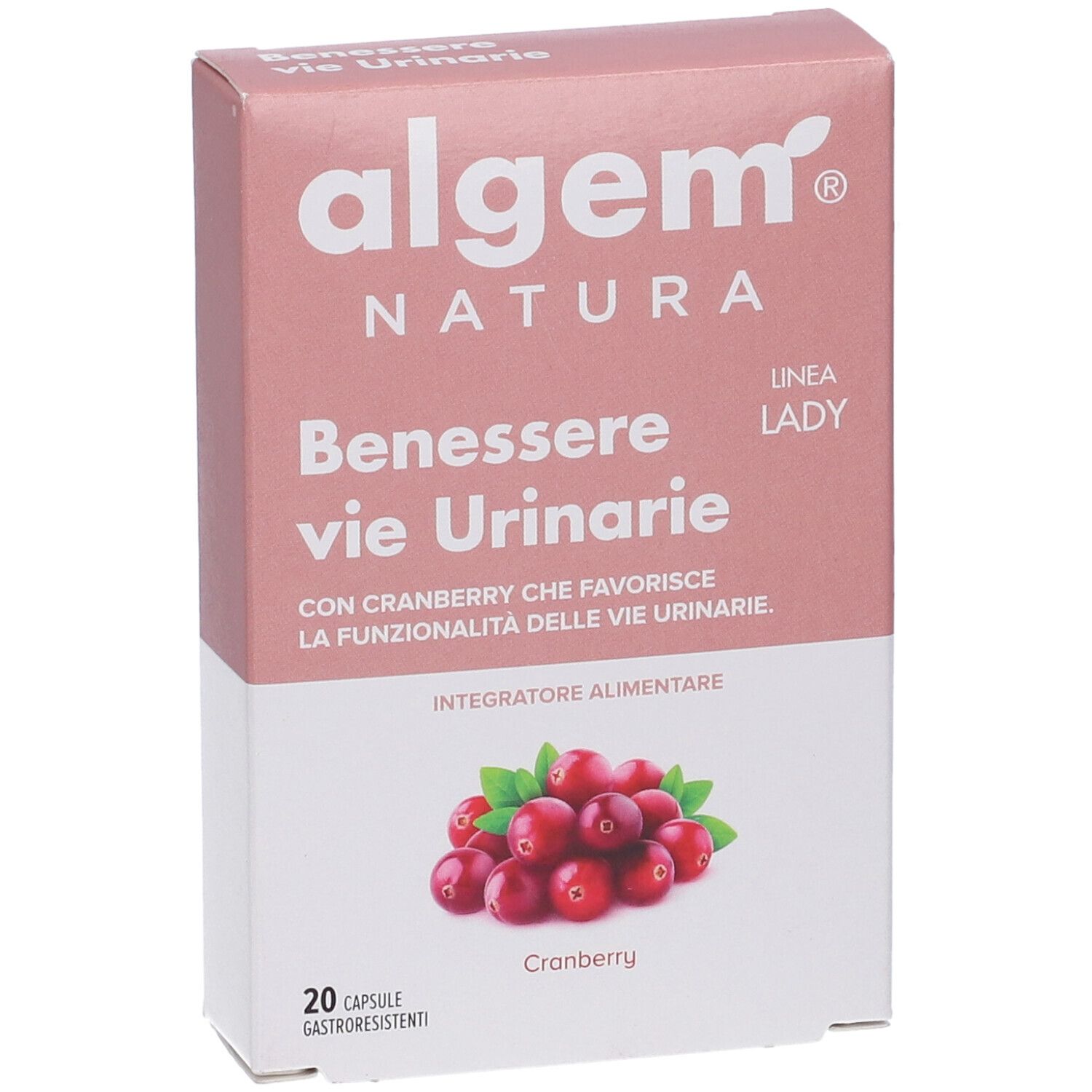 Scatola rosa e bianca con nome del prodotto e illustrazione di mirtilli rossi. Contiene 20 capsule. Marca: Algem Natura.