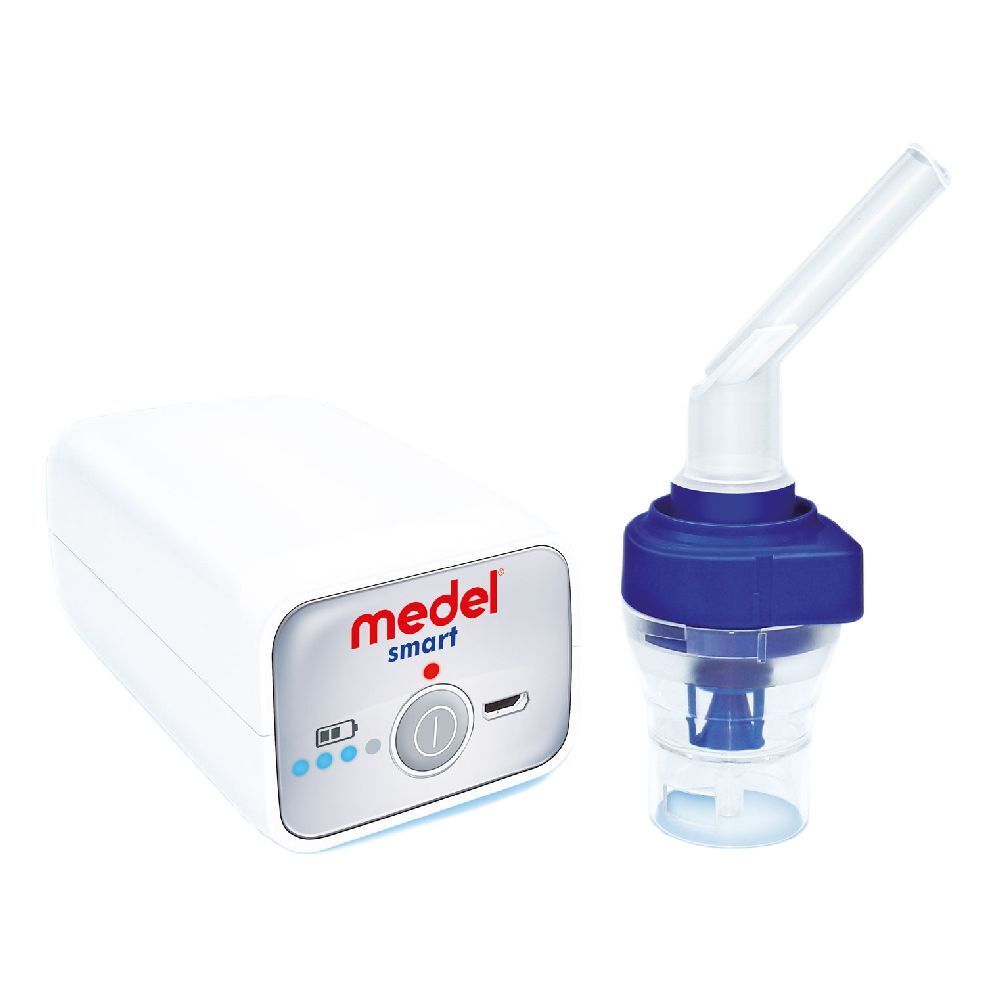 Aerosol Medel Smart A Batteria. Dispositivo bianco con dettagli blu e nebulizzatore. Marchio Medel visibile.