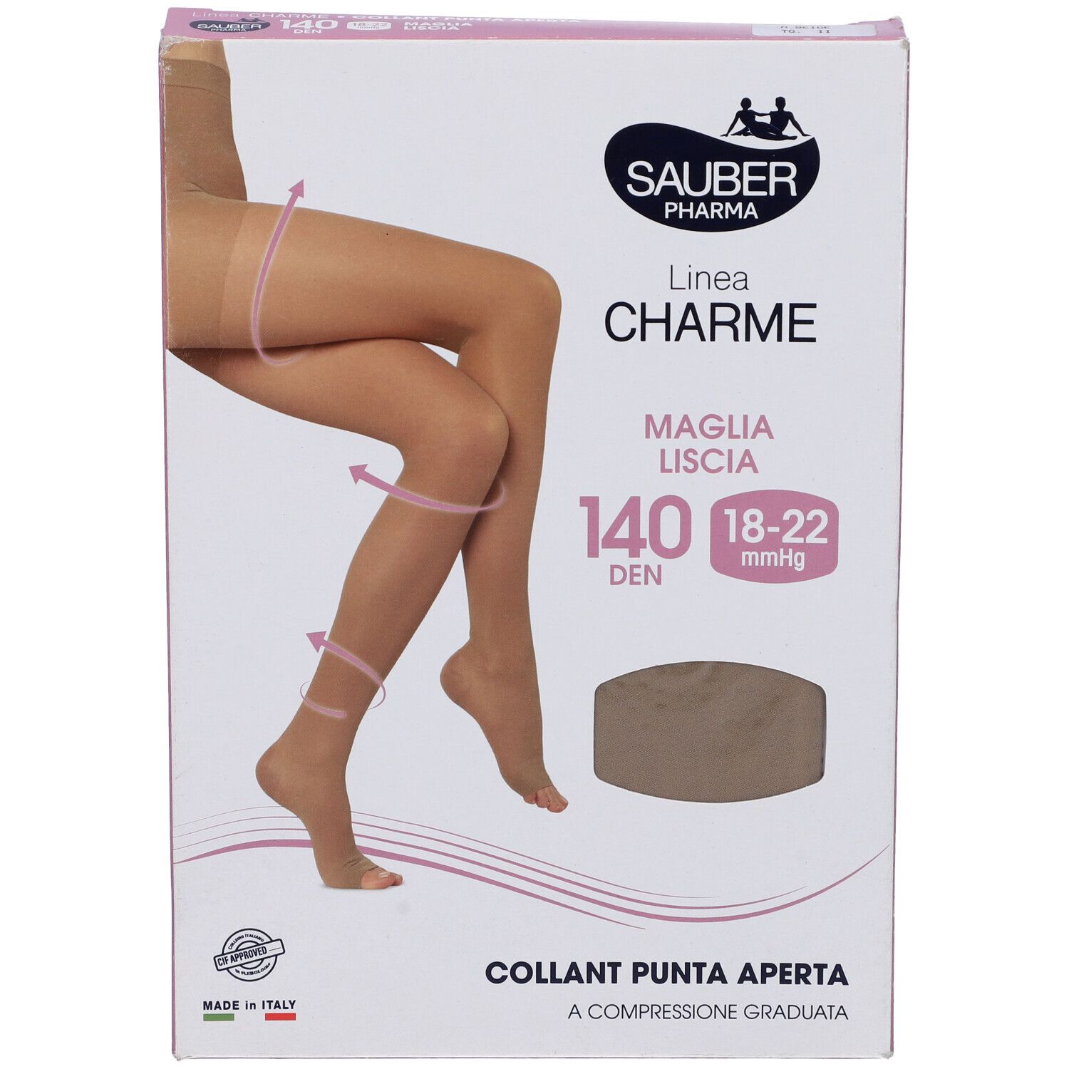 Collant beige Sauber Charme 140 Den a punta aperta in confezione. Immagine di donna con collant.