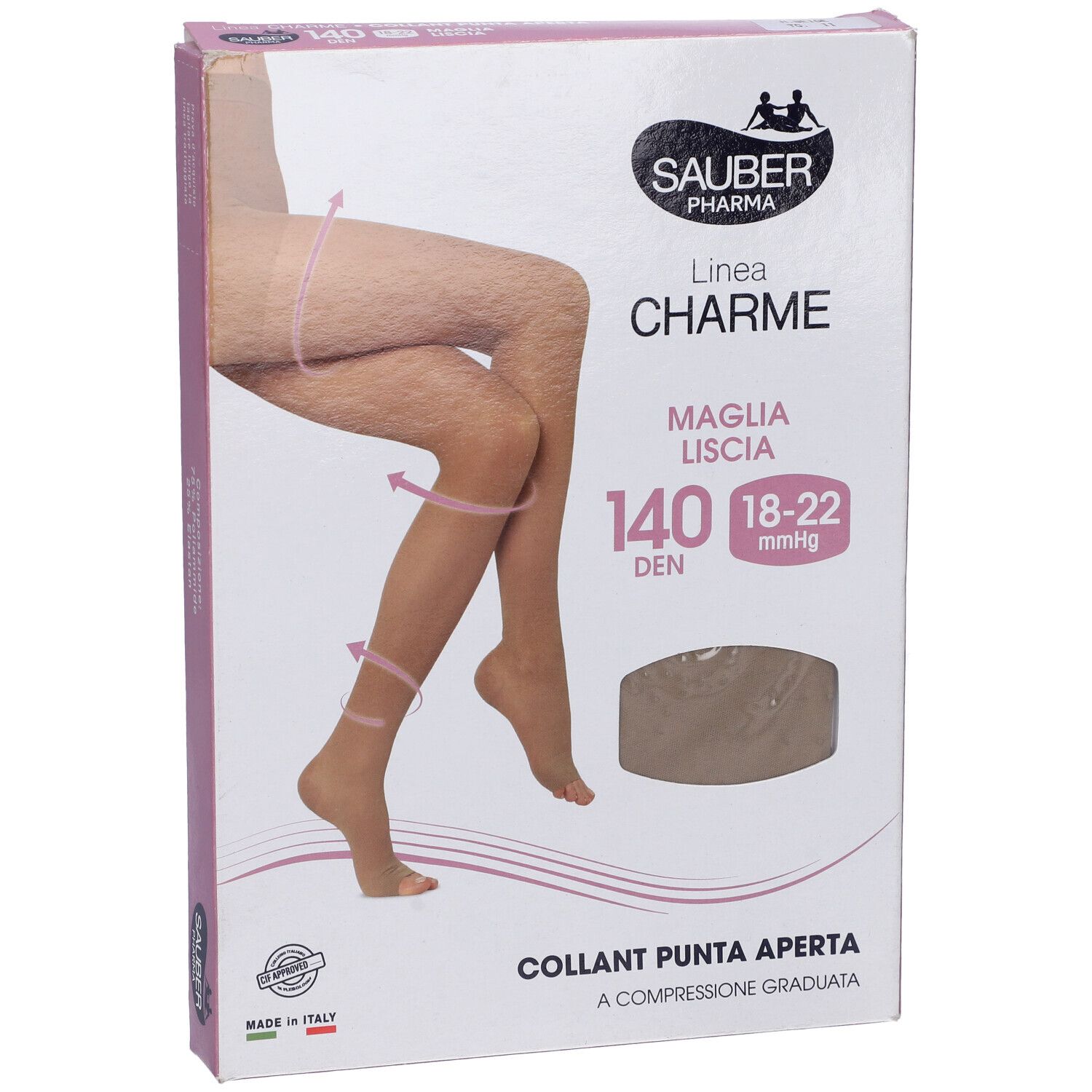Collant beige Sauber Charme 140 Den a punta aperta in confezione. Immagine di donna con collant.