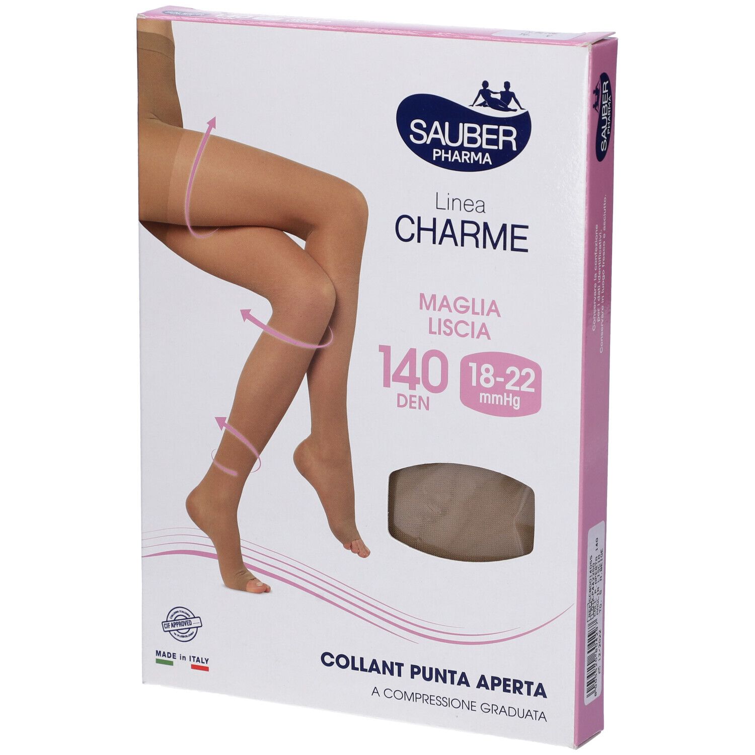 Confezione collant Sauber Charme. Beige, punta aperta, 140 den. Vista prospettica.