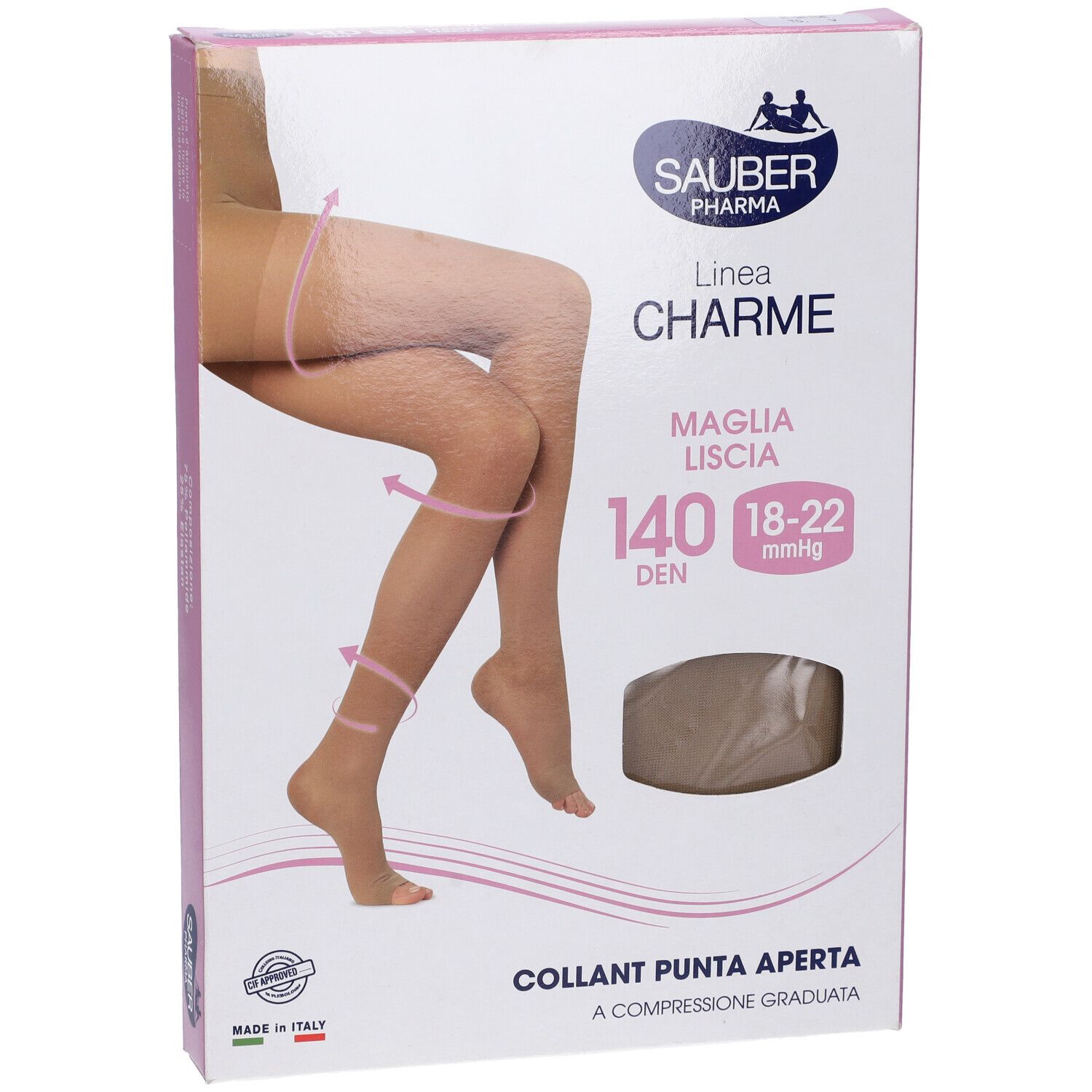 Confezione collant Sauber Charme. Beige, punta aperta, 140 den. Vista frontale.