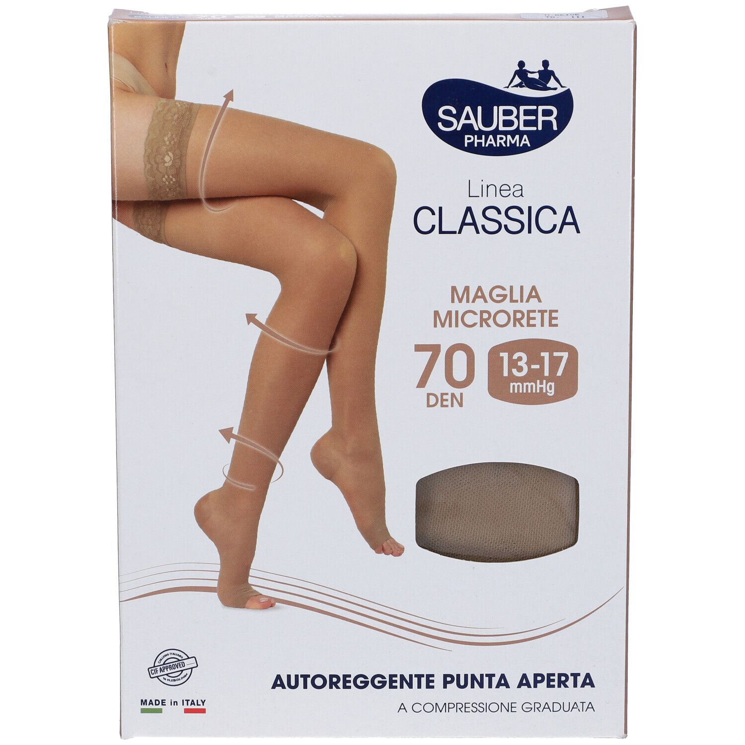 Confezione di Sauber Classica 70 Den Autoregg. P. Aperta N. Beige. Immagine del prodotto: calze con pizzo, beige.