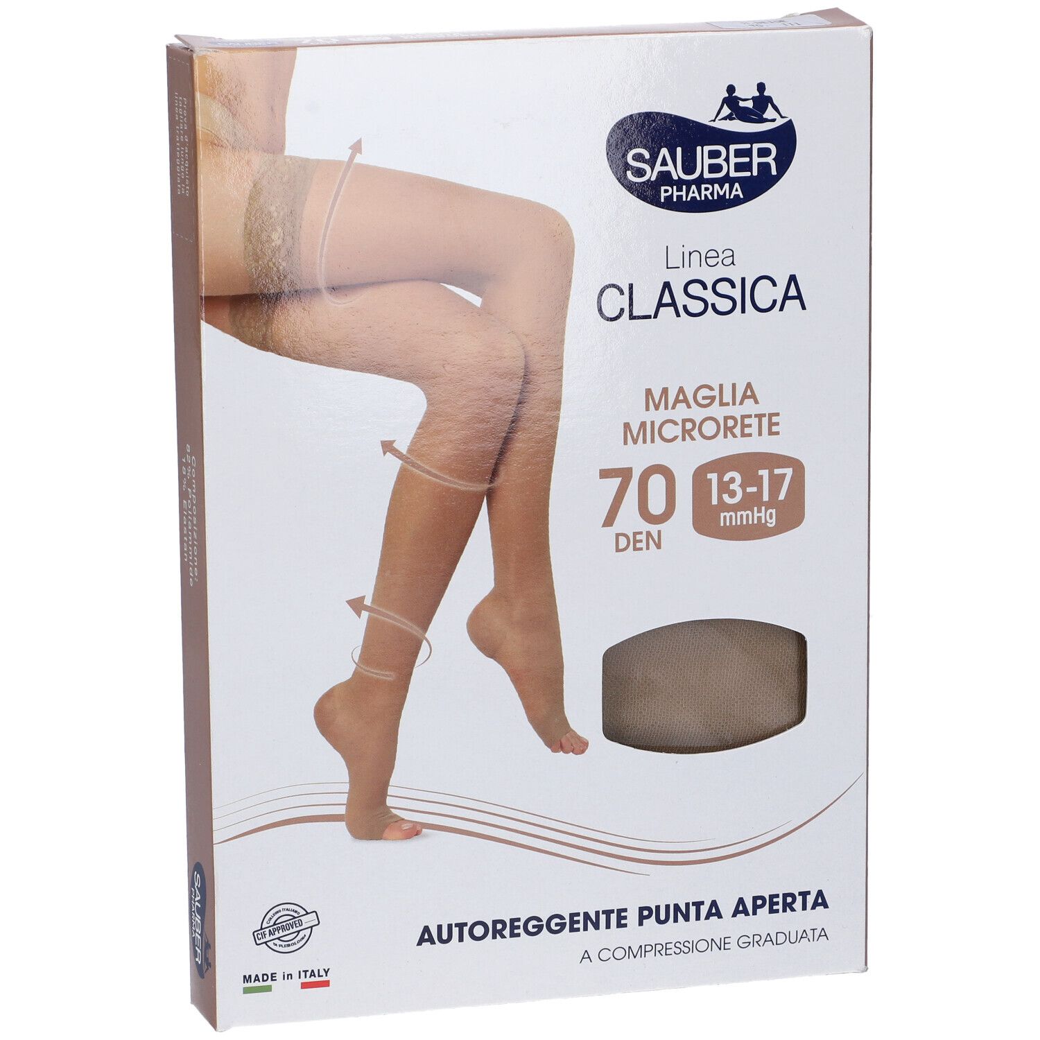 Confezione di Sauber Classica 70 Den Autoregg. P. Aperta N. Beige. Immagine del prodotto: calze con pizzo, beige.