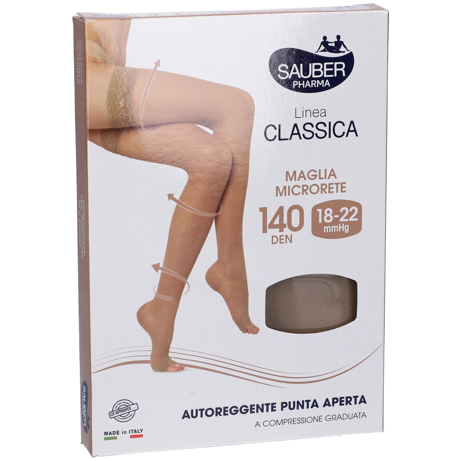 Confezione calze Sauber Classica 140 Den, punta aperta, beige. Sauber Pharma.
