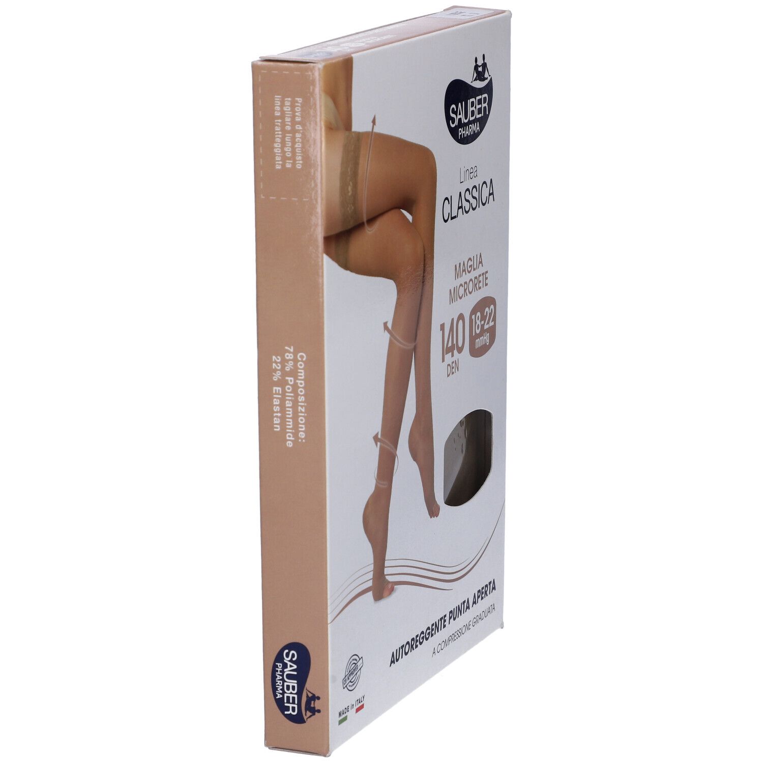 Confezione, Sauber Pharma, Classica, 140 den, calze autoreggenti, punta aperta. Beige. Taglia 4. Vista laterale.