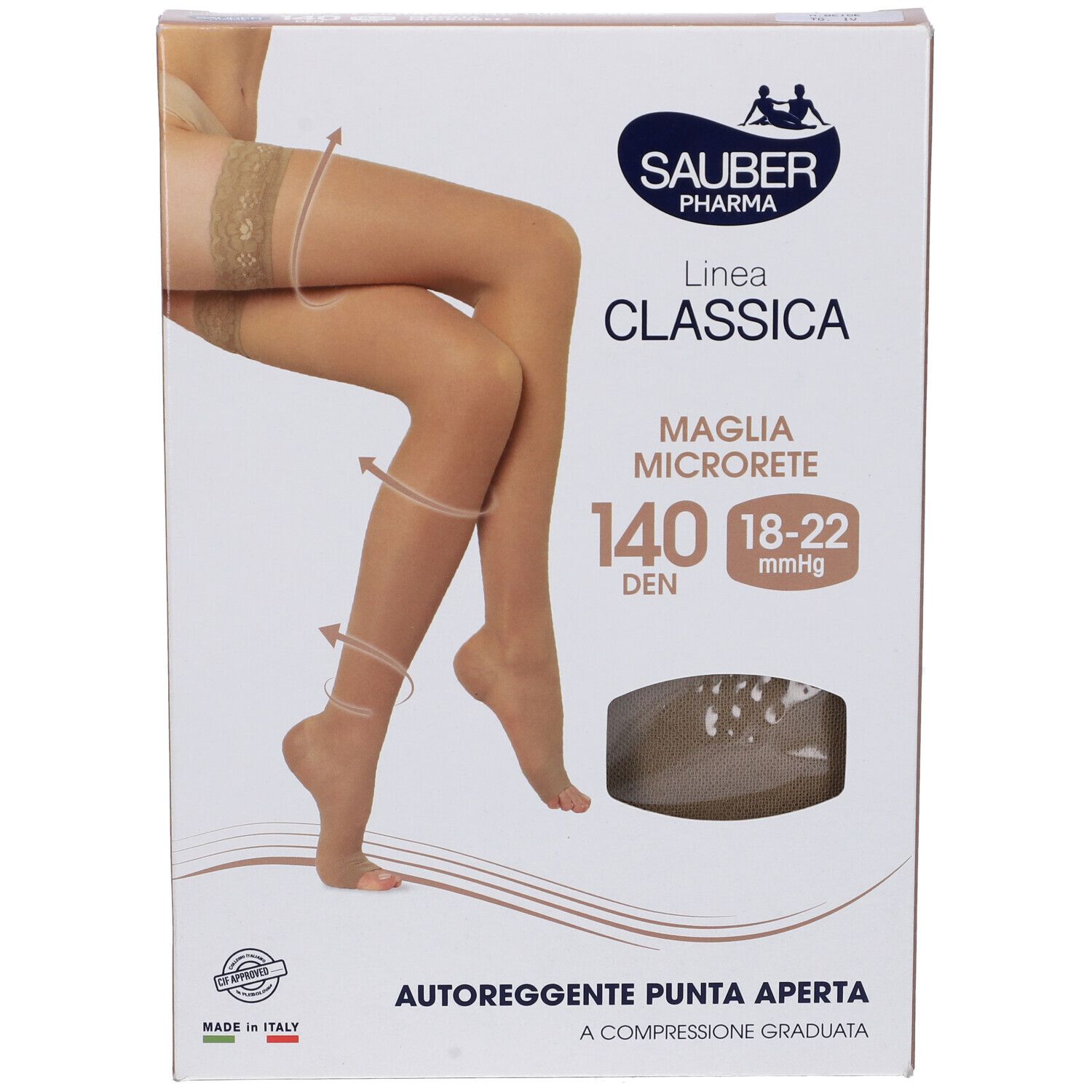 Confezione, Sauber Pharma, Classica, 140 den, calze autoreggenti, punta aperta. Beige. Taglia 4.