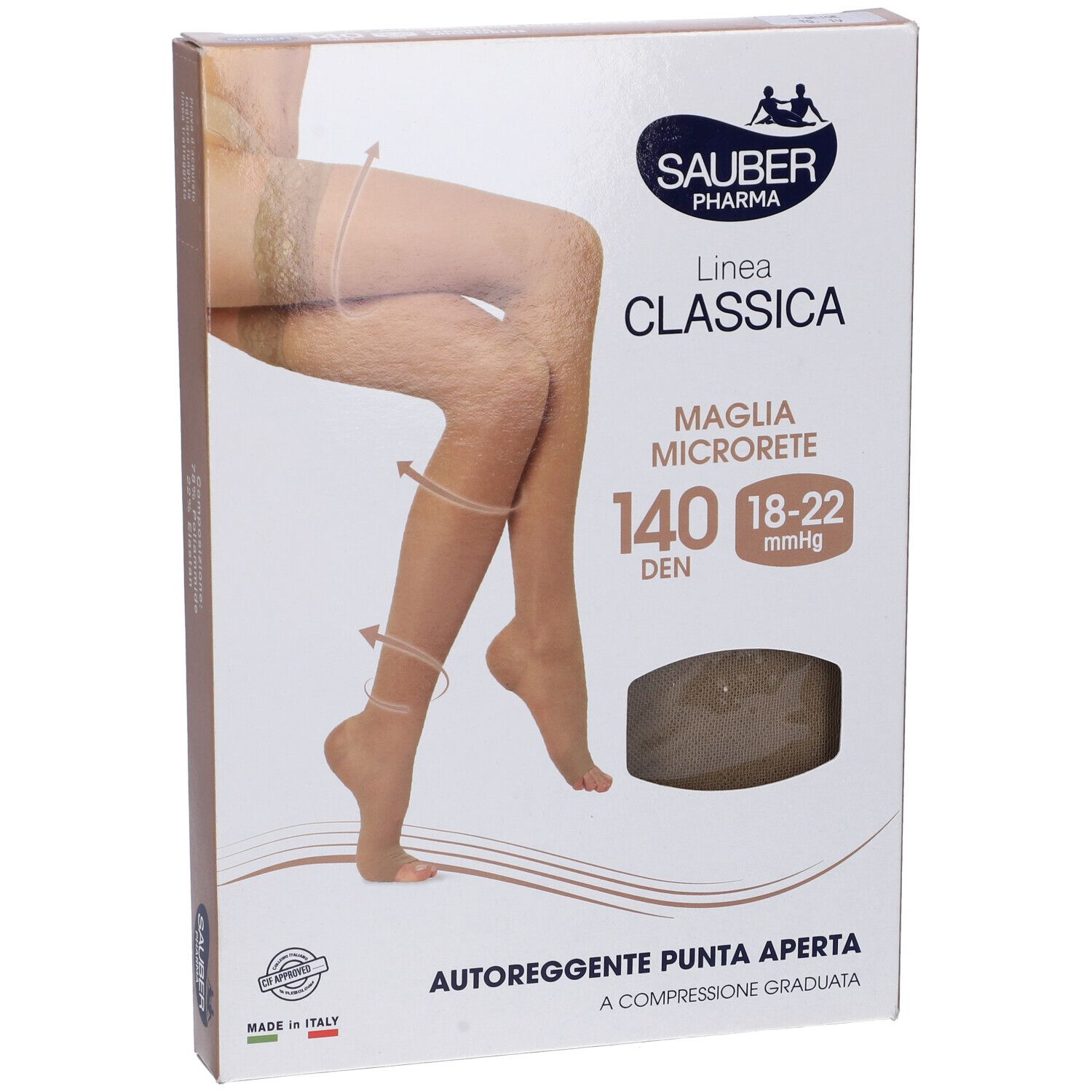 Confezione, Sauber Pharma, Classica, 140 den, calze autoreggenti, punta aperta. Beige. Taglia 4.