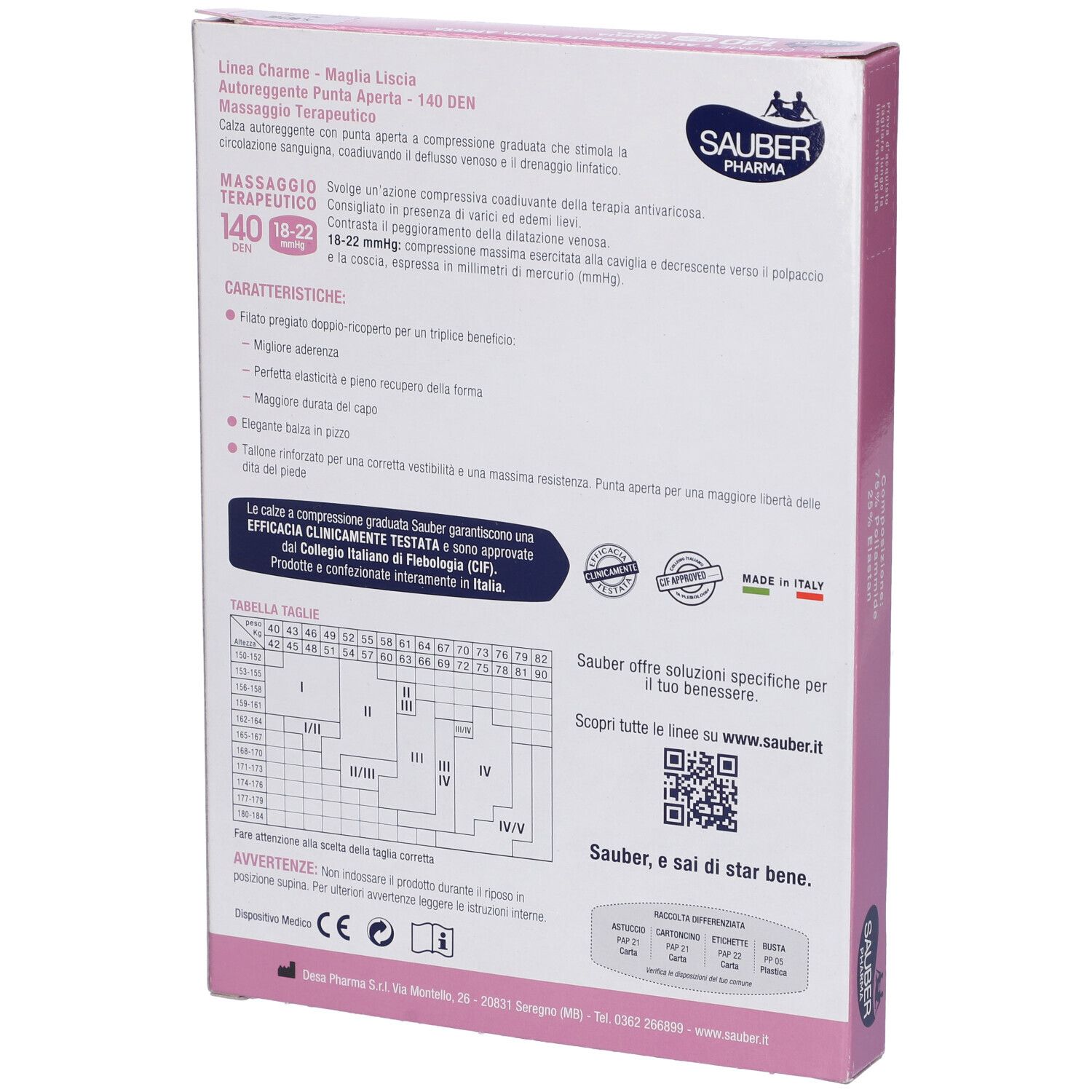 Retro della confezione. Informazioni sulle calze. Sauber Pharma, Linea Charme, 140 den, 18-22 mmHg. Beige.