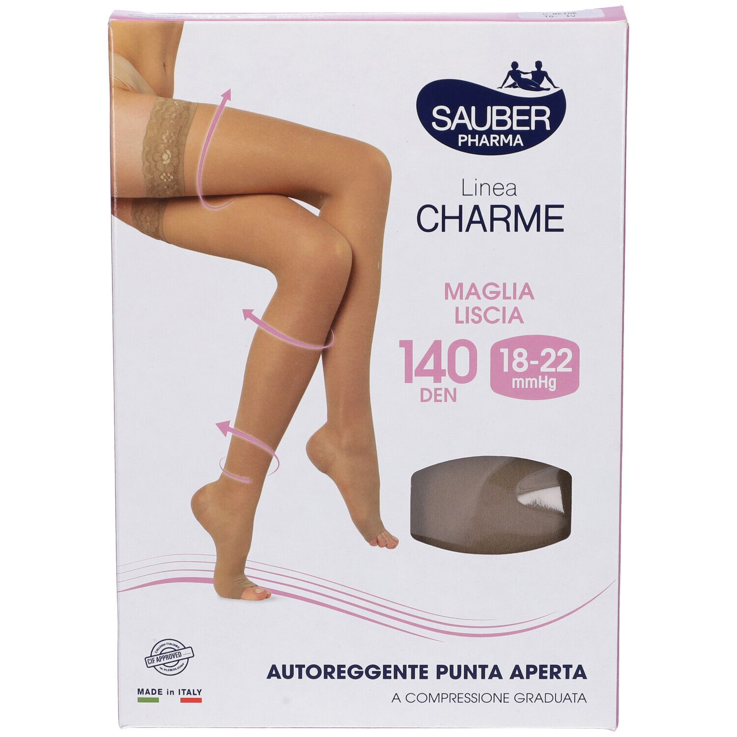 Confezione di calze. Sauber Pharma, Linea Charme, 140 den, 18-22 mmHg. Autoreggenti, punta aperta. Beige.