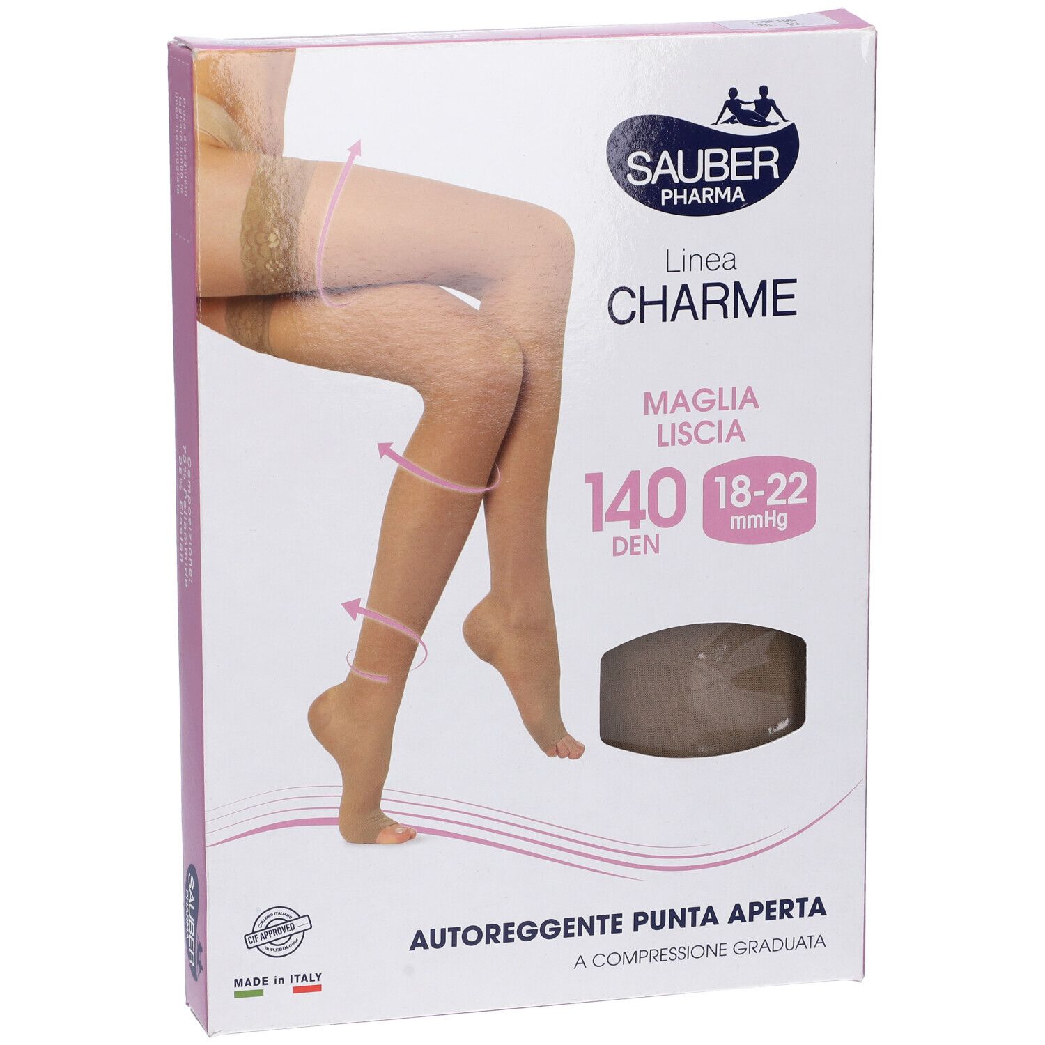 Confezione di calze. Sauber Pharma, Linea Charme, 140 den, 18-22 mmHg. Autoreggenti, punta aperta. Beige.