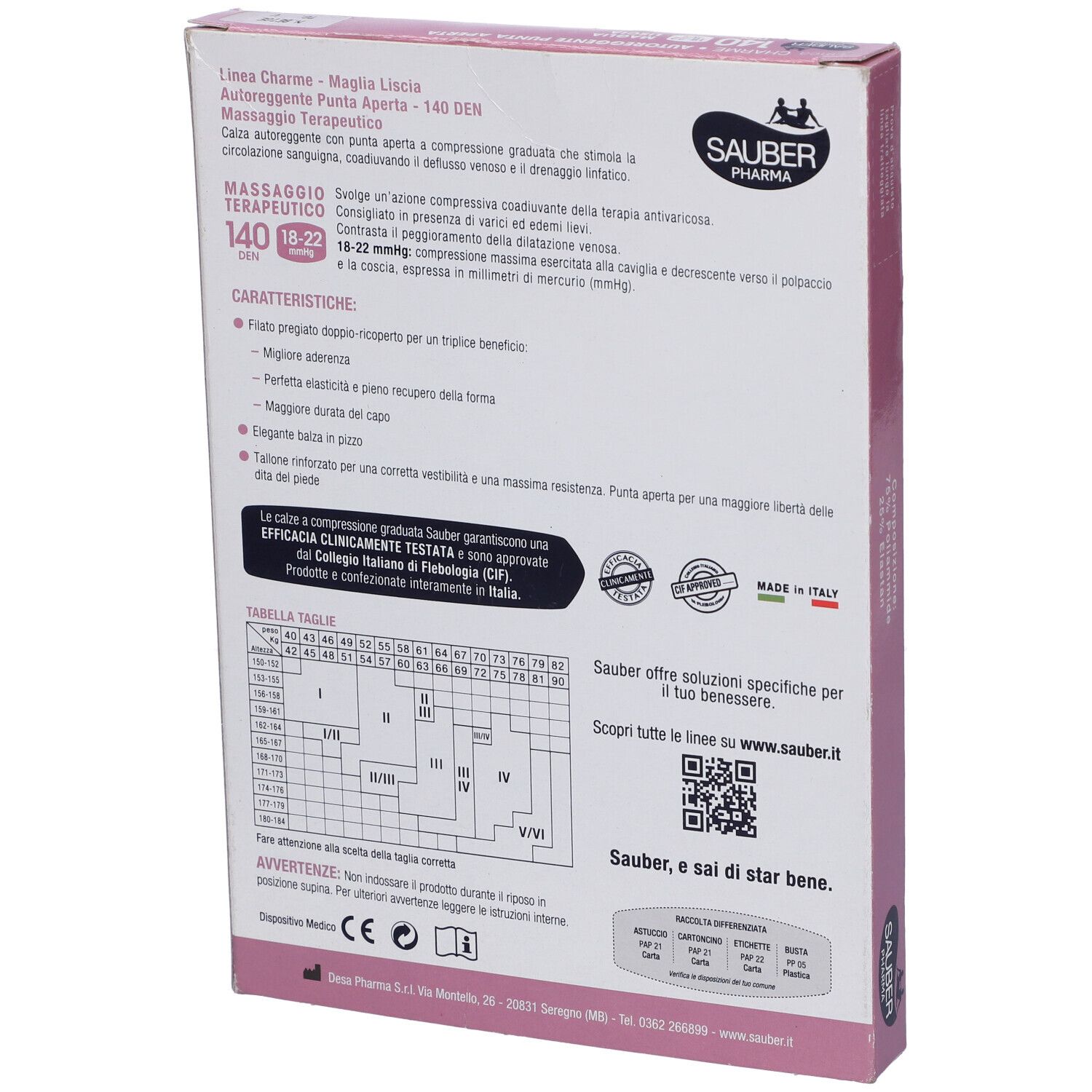 Confezione di calze. Marchio Sauber Pharma, linea Charme, 140 den, punta aperta, compressione. Calze beige raffigurate.