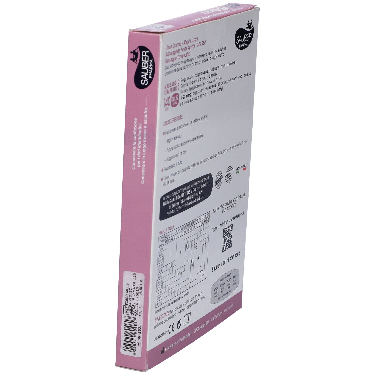 Retro della confezione. Marchio Sauber Pharma, linea Charme, 140 den, punta aperta, compressione. Testo e tabella taglie.