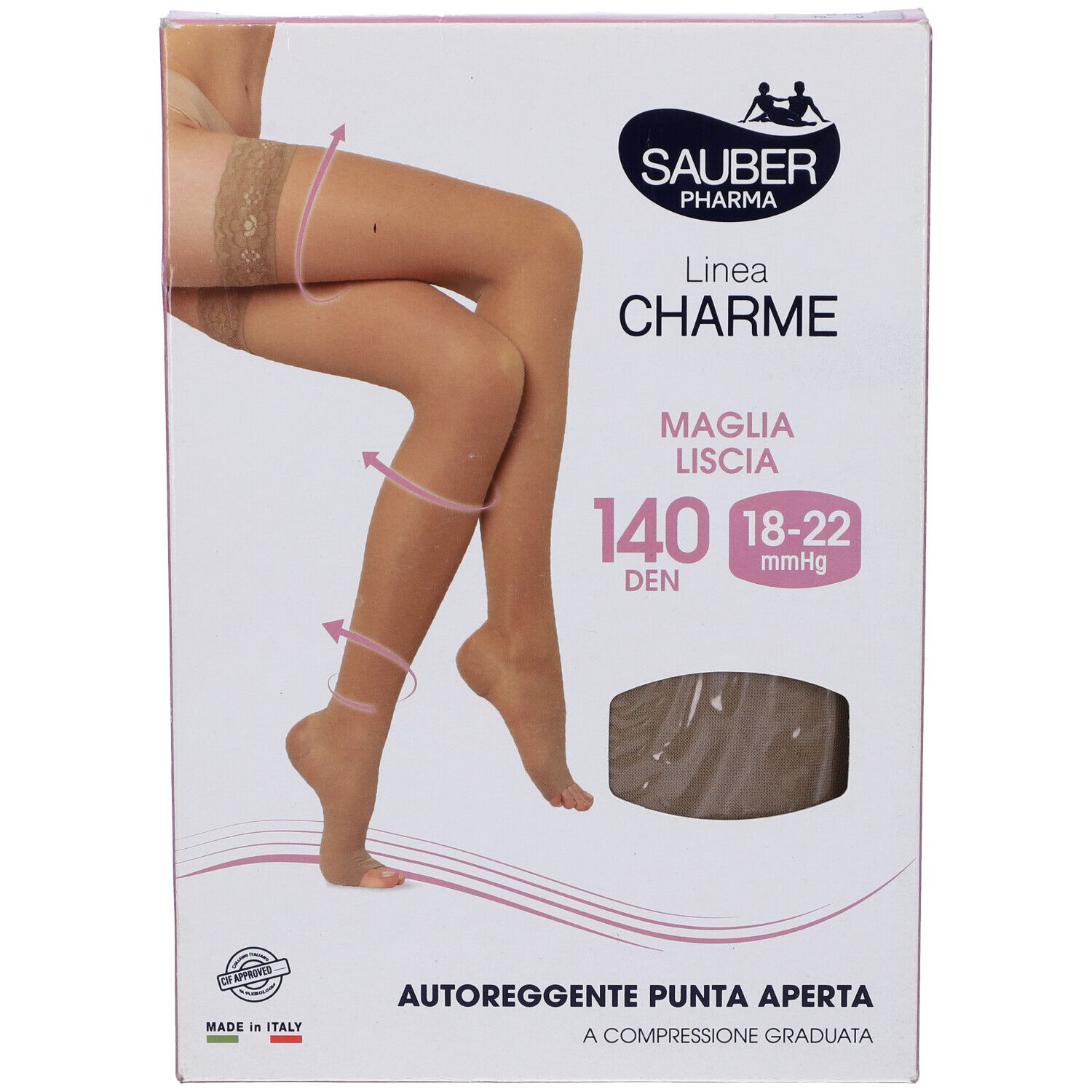 Retro della confezione. Marchio Sauber Pharma, linea Charme, 140 den, punta aperta, compressione. Testo e tabella taglie.