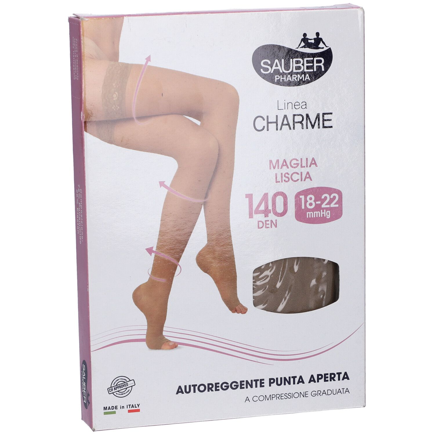 Calze autoreggenti beige in confezione. Marchio Sauber Pharma, linea Charme, 140 den, punta aperta, compressione. Made in Italy.