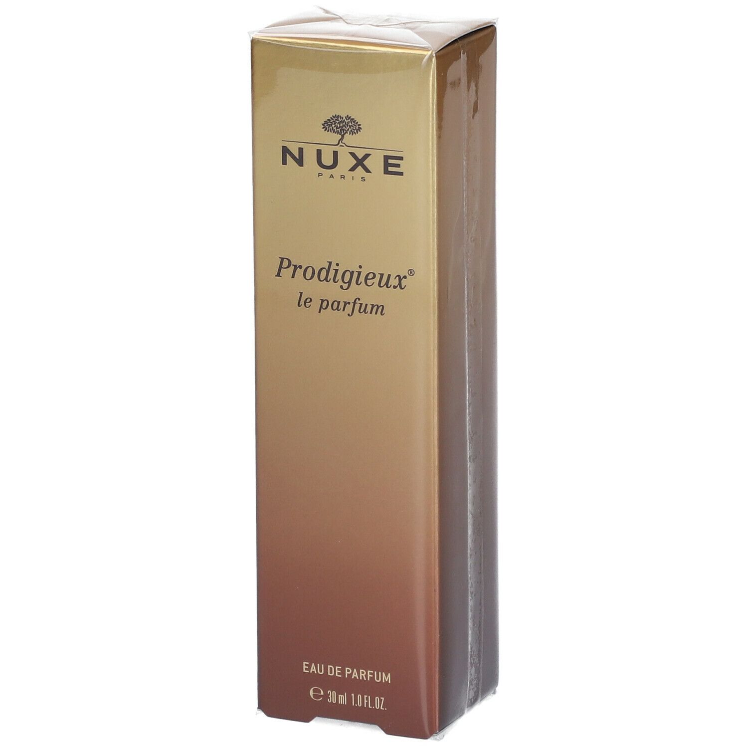 Scatola Nuxe Prodigieux le parfum. Sfumatura dorata. Logo Nuxe e nome del prodotto. Eau de Parfum, 30 ml.